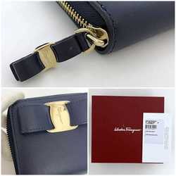 Salvatore Ferragamo Bi-fold Wallet ec-21481 Navy Vara 22-D278 0694708 Leather Ribbon Blue