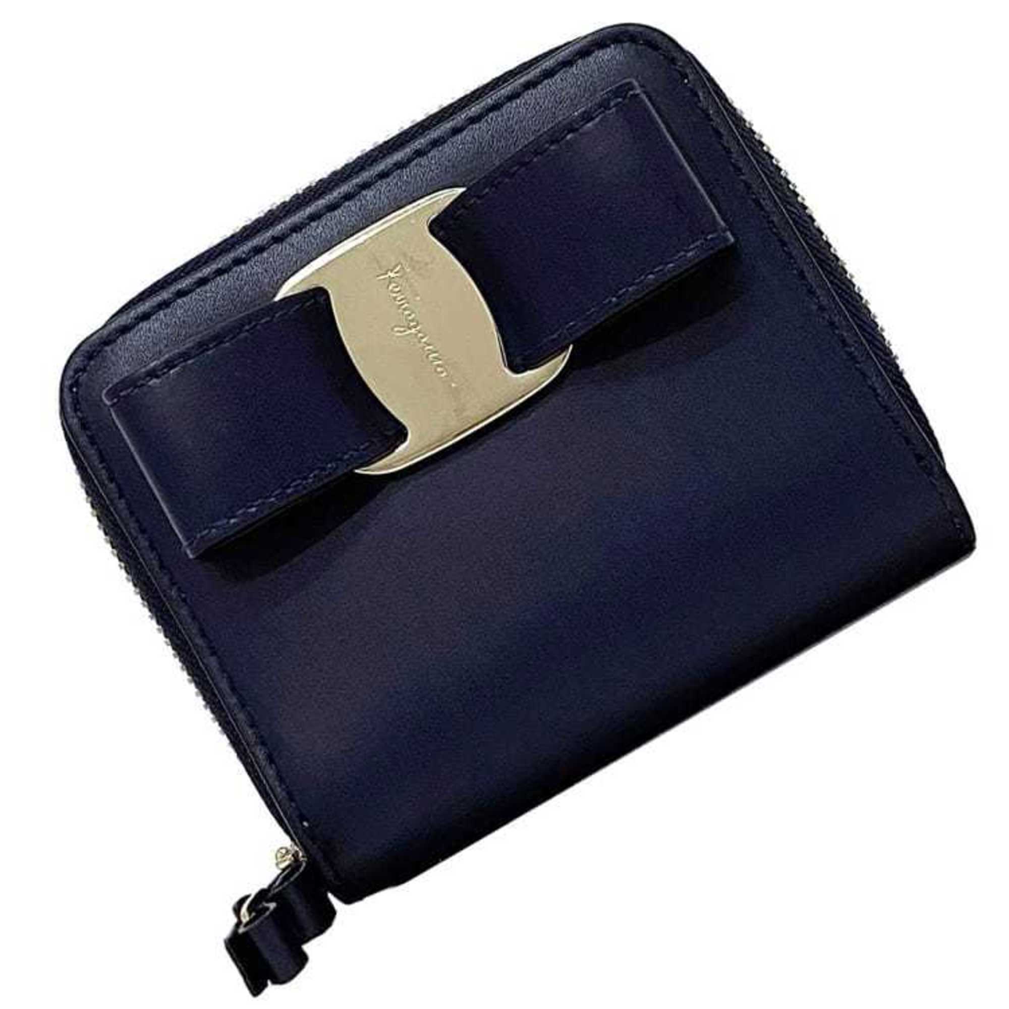 Salvatore Ferragamo Bi-fold Wallet ec-21481 Navy Vara 22-D278 0694708 Leather Ribbon Blue