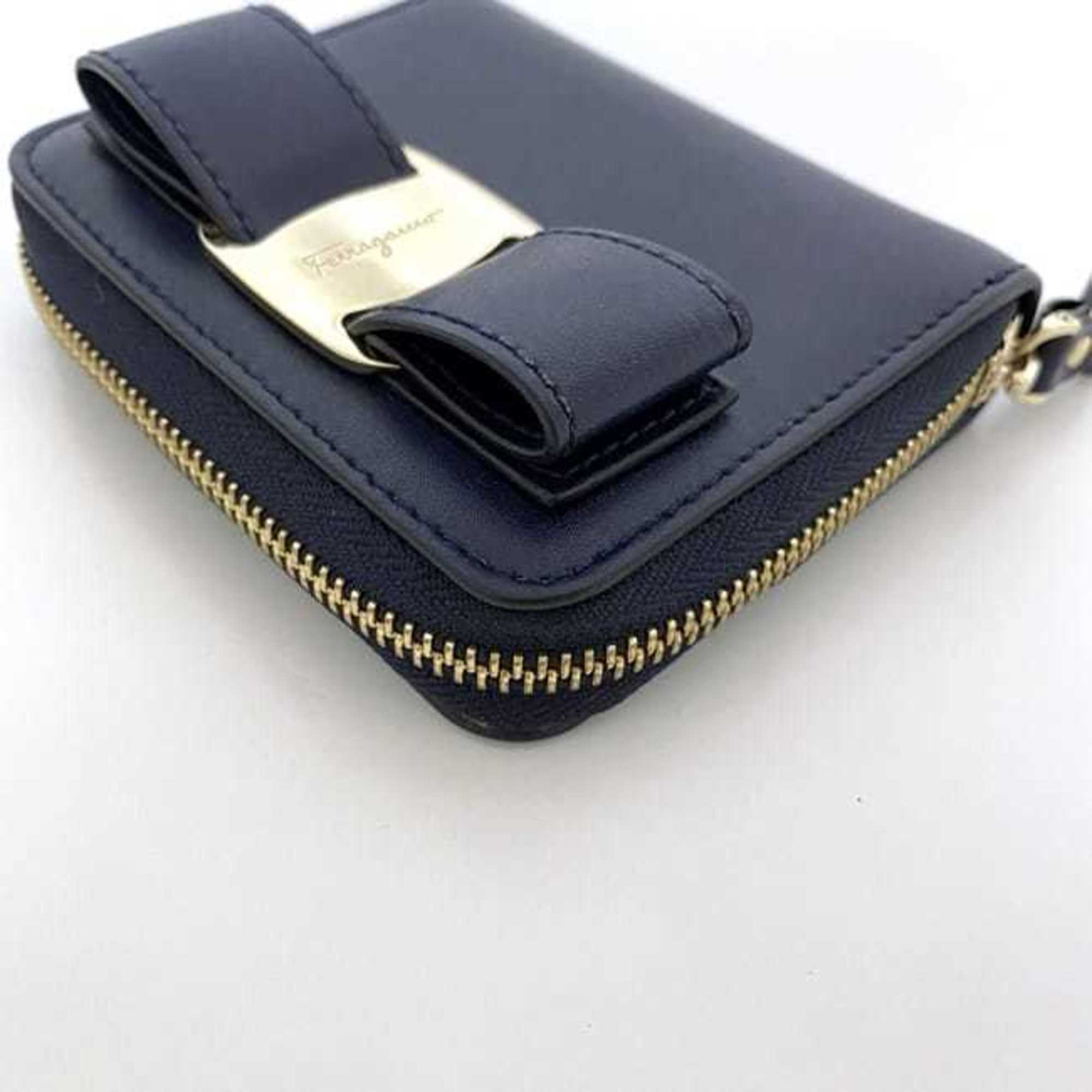 Salvatore Ferragamo Bi-fold Wallet ec-21481 Navy Vara 22-D278 0694708 Leather Ribbon Blue