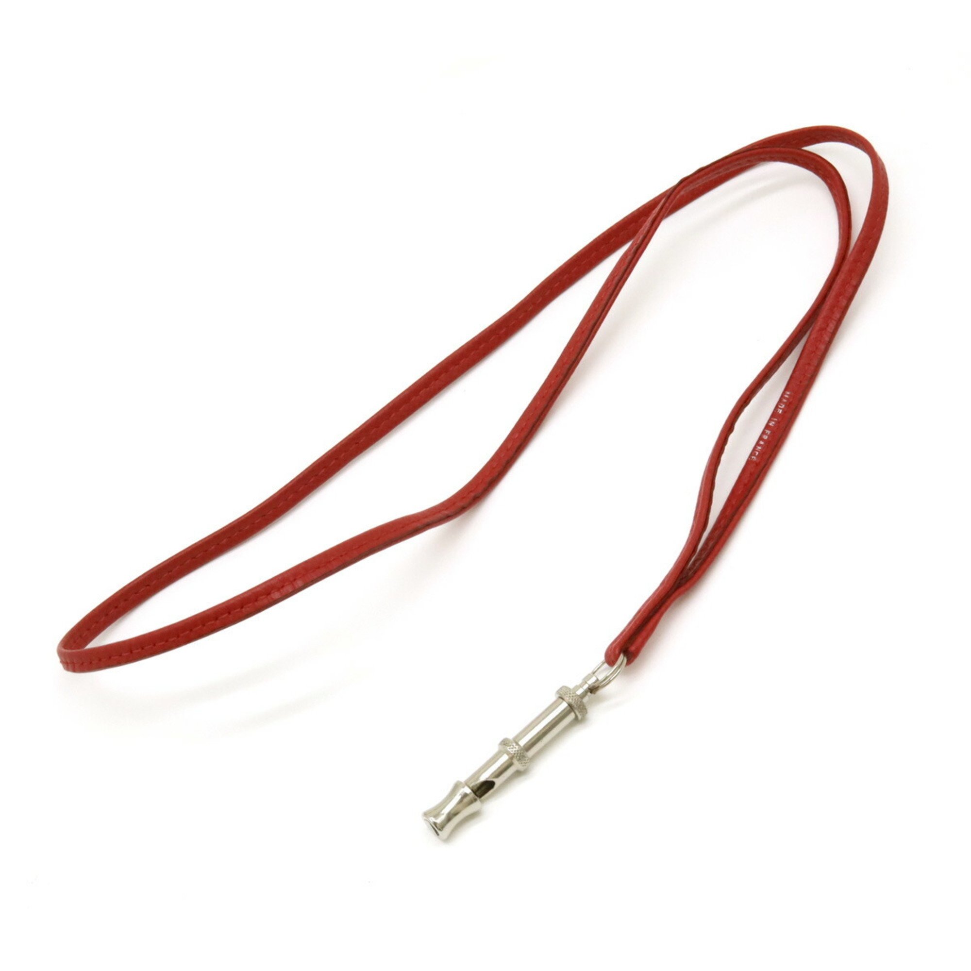 HERMES Hermes Sifre Whistle Dog Necklace Leather Metal Red Silver