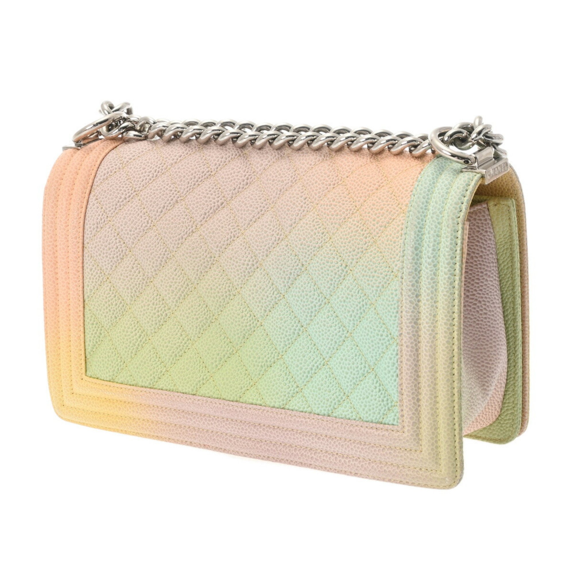 CHANEL Boy Chanel Chain Shoulder Bag 25cm Rainbow White Lacquer Hardware A67086 Women's Caviar Skin