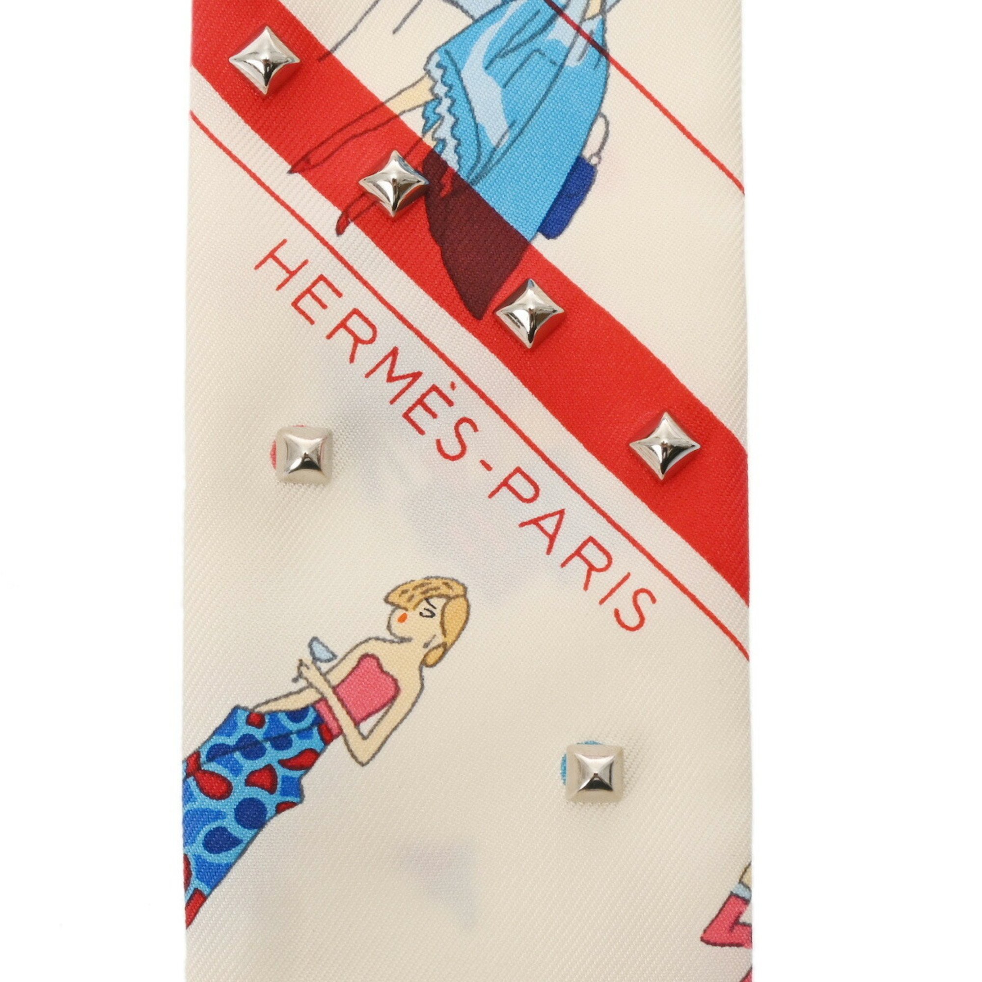 HERMES Twilly EX-HIBRIS LES PARISIENNES with studs White/Multicolor Women's 100% Silk Scarf Muffler