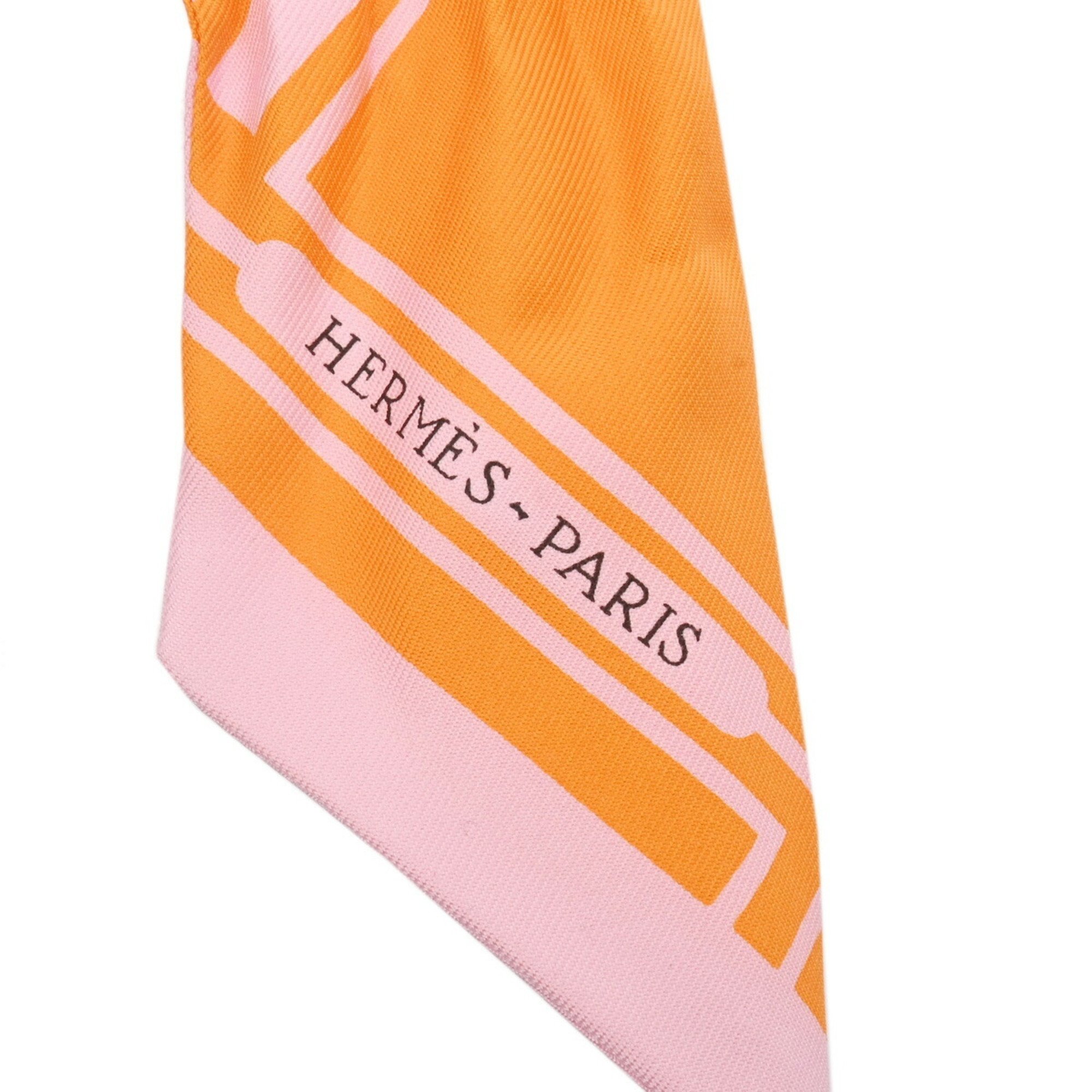 HERMES Twilly LES COUPES TATTOO Orange/Pink Women's 100% Silk Scarf Muffler