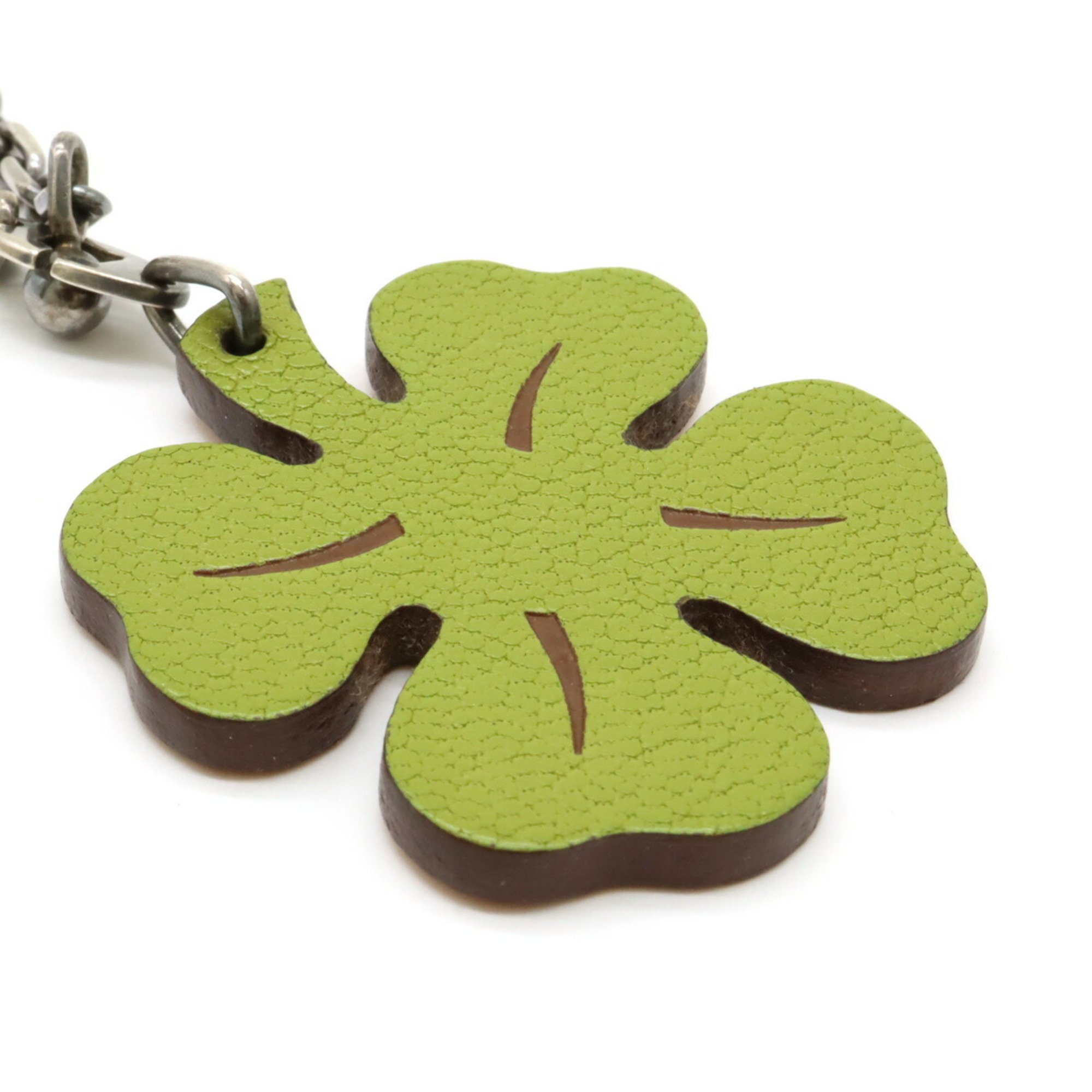 HERMES Lucky 4 Clover Four-leaf Motif Bag Charm Keychain Leather Green Orange Silver SV925