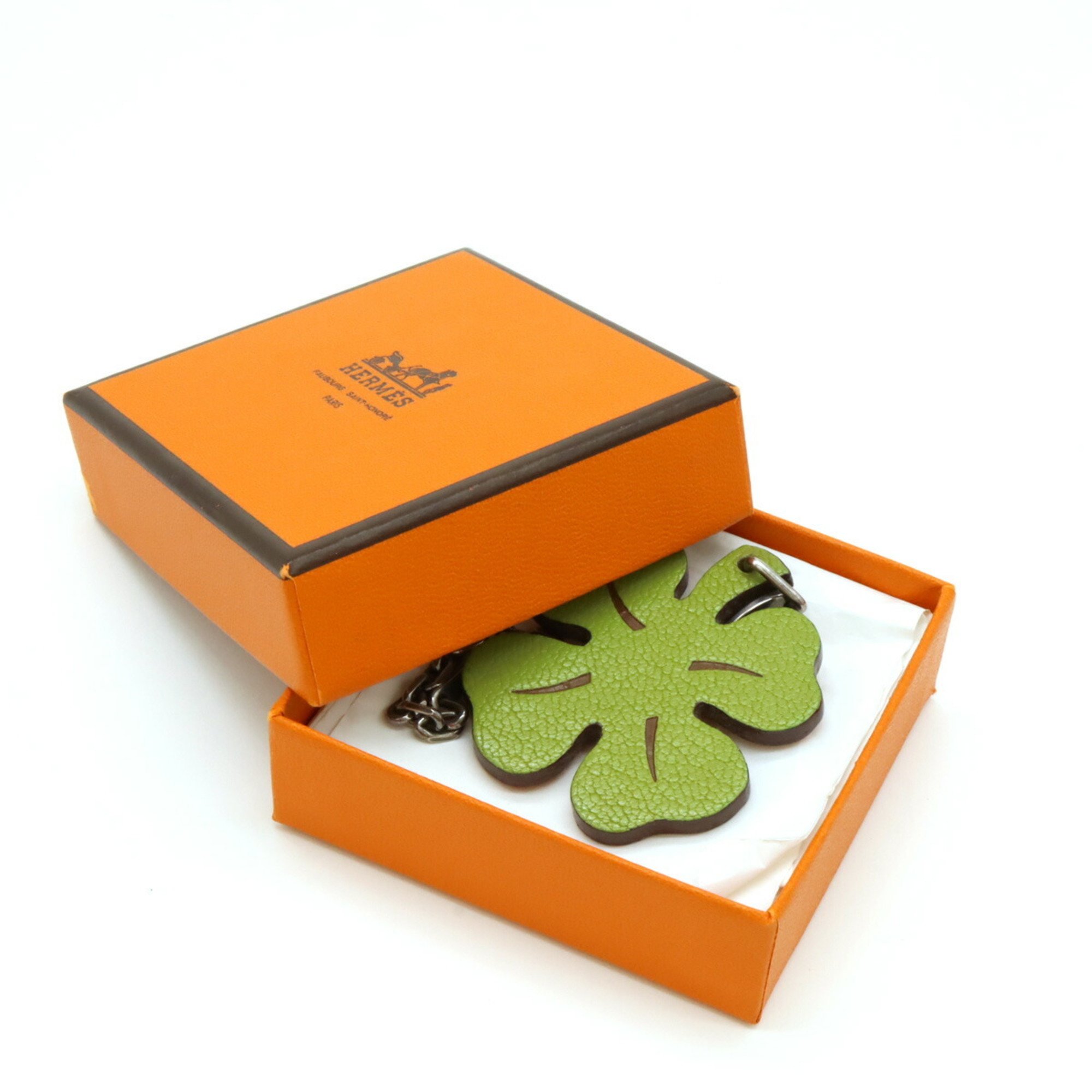 HERMES Lucky 4 Clover Four-leaf Motif Bag Charm Keychain Leather Green Orange Silver SV925