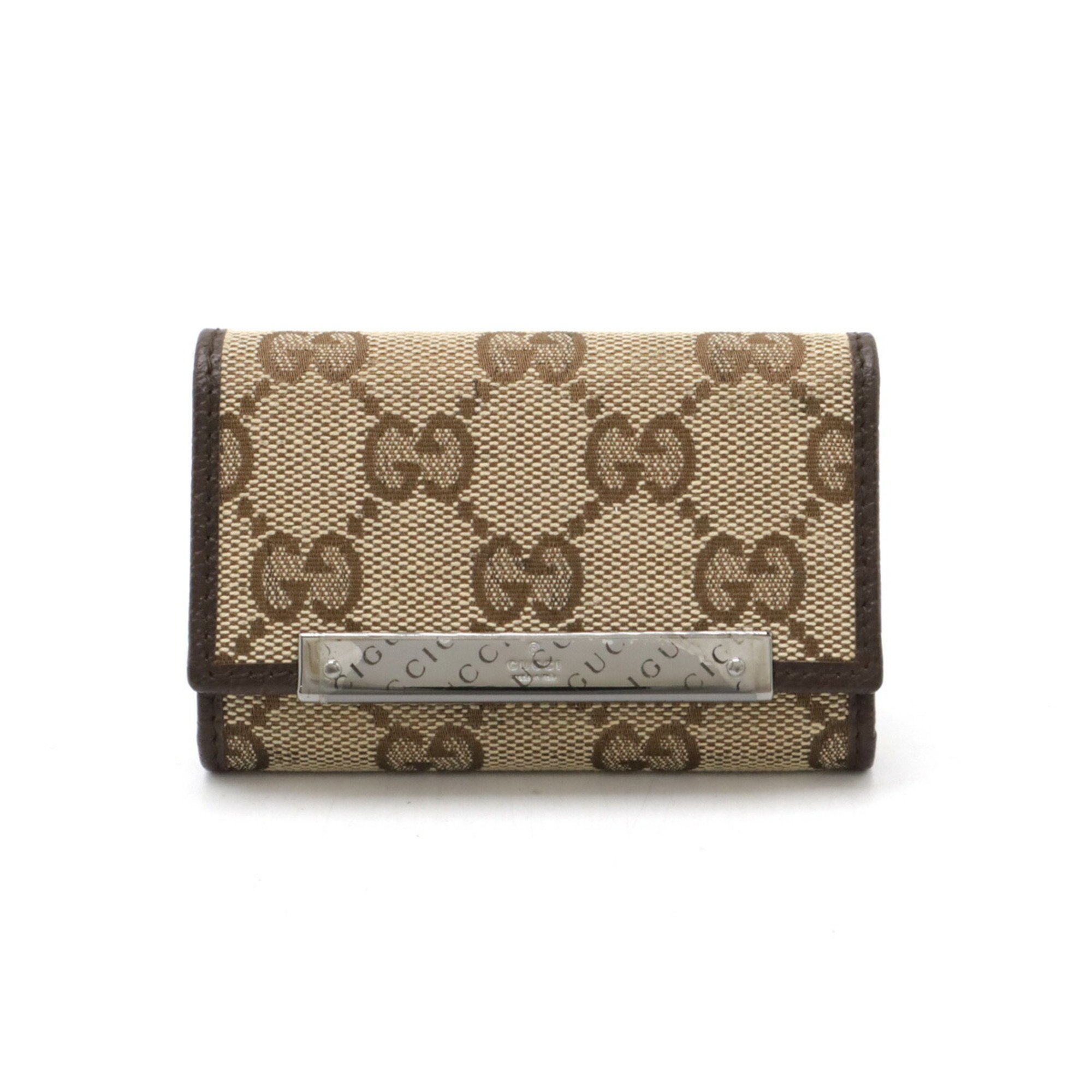 GUCCI GG Canvas Plate 6 Key Case Leather Khaki Beige Brown Dark 127048