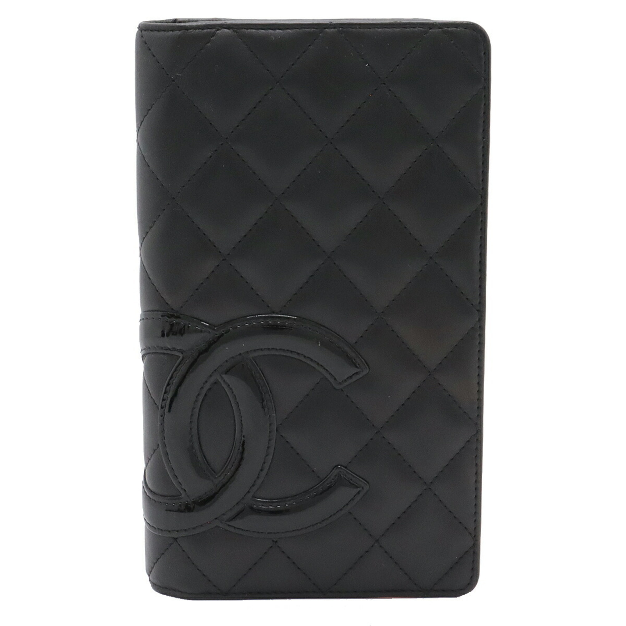 CHANEL Cambon Line Coco Mark Bi-fold Long Wallet Soft Calf Leather Enamel Black A26717