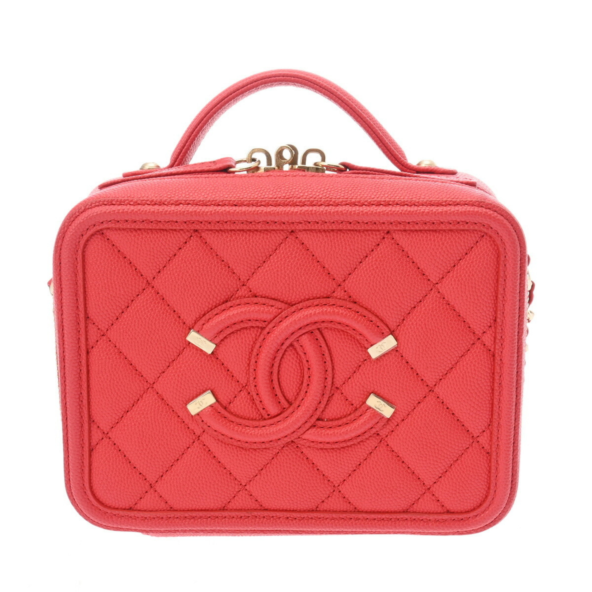 CHANEL CC Filigree Small Vanity Chain Shoulder Bag Red A93343 Women's Caviar Skin Handbag