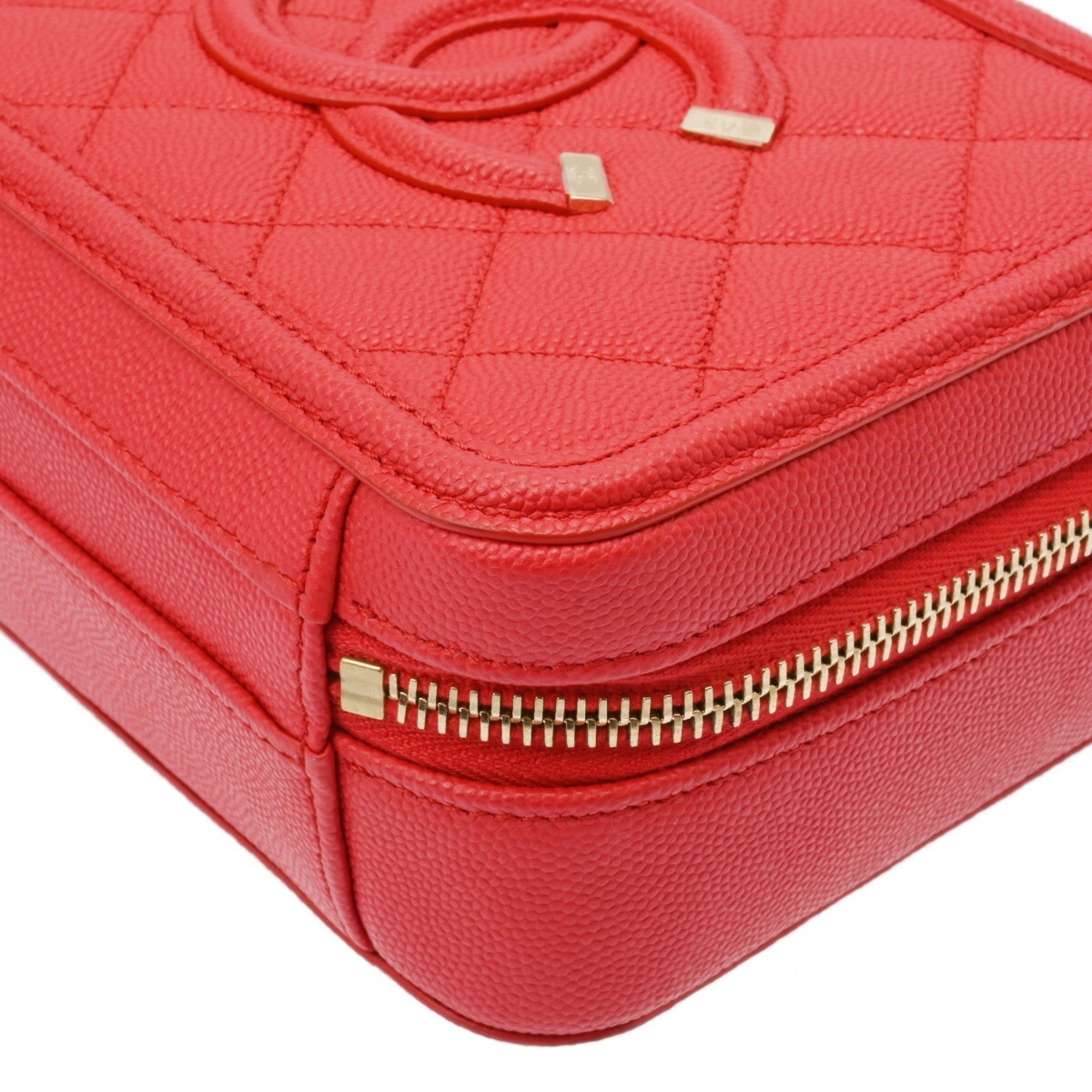 CHANEL CC Filigree Small Vanity Chain Shoulder Bag Red A93343 Women's Caviar Skin Handbag