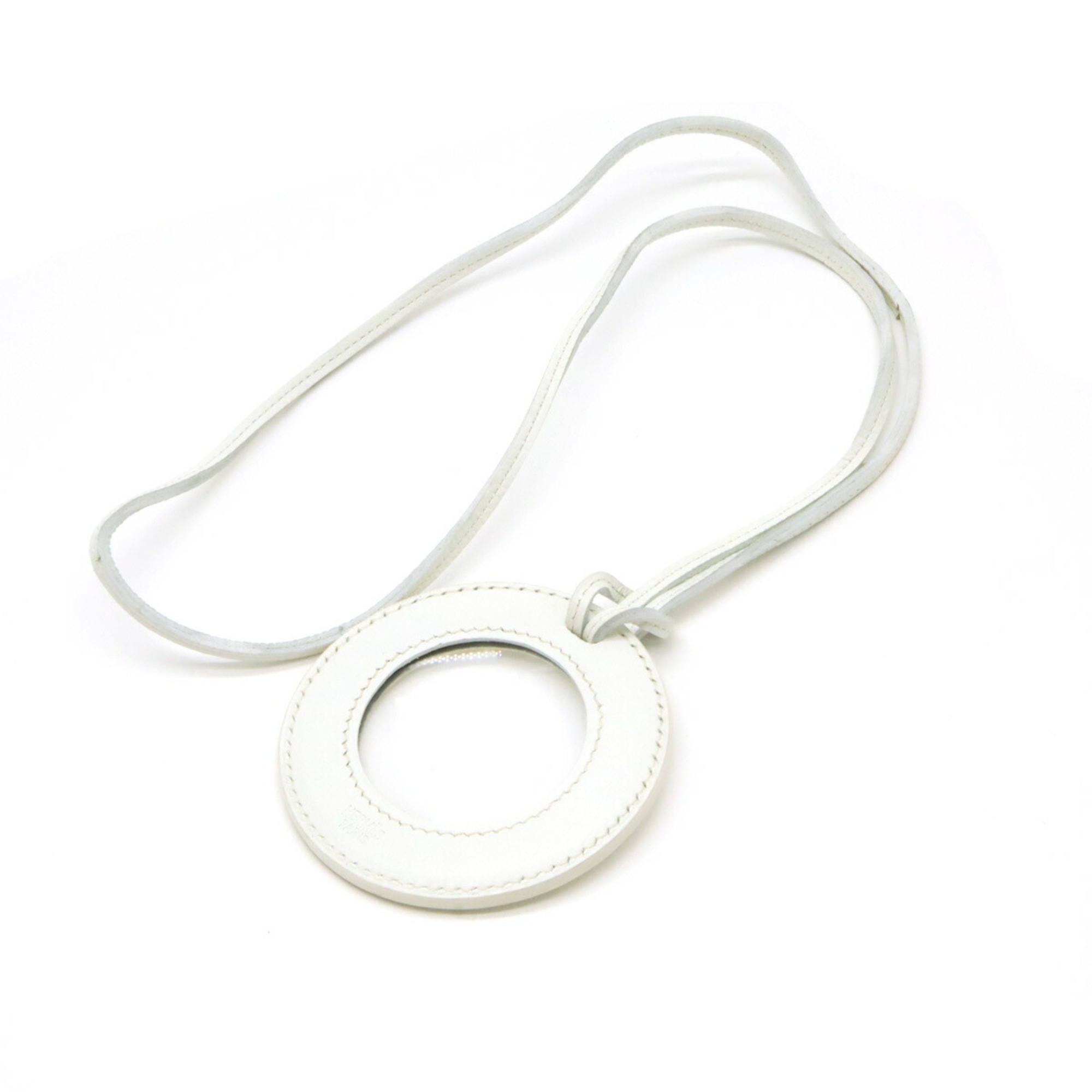 HERMES Hermes Magnifying Glass Necklace Pendant Circle Round Leather White