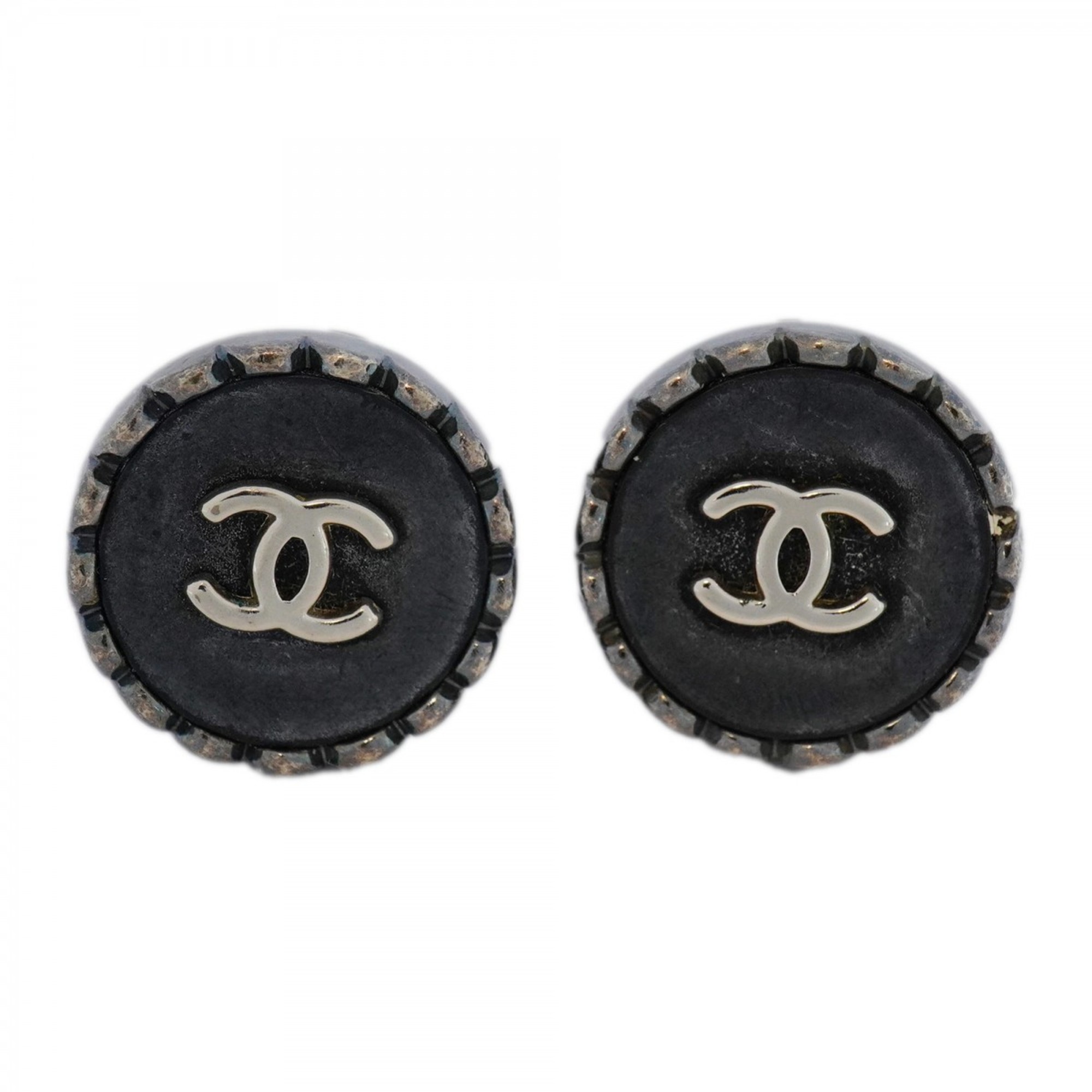 Chanel Earrings Coco Mark Circle Gunmetal Black Grey Ladies