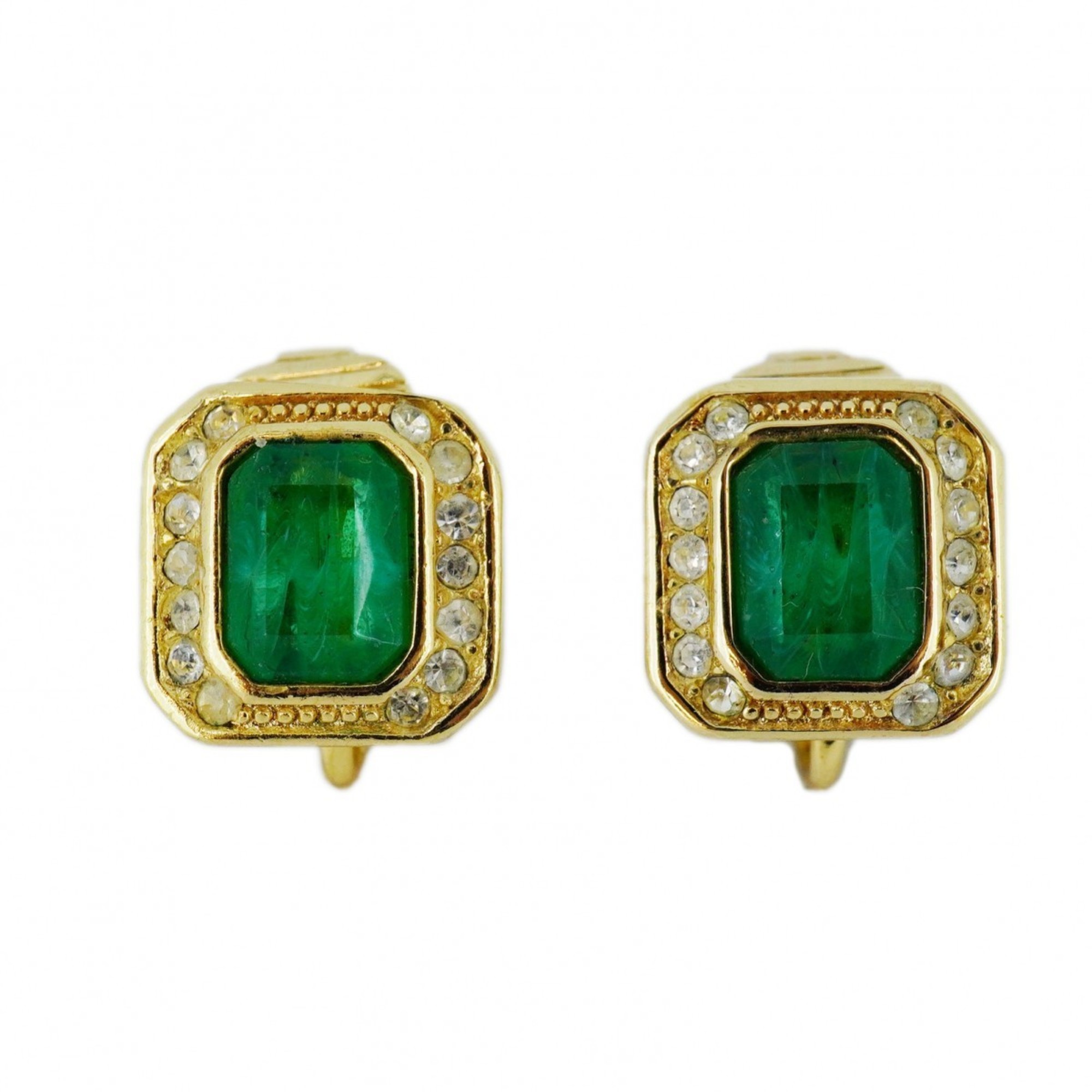 Christian Dior Earrings Square Rhinestone GP Plated Gold Green Women's