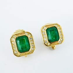 Christian Dior Earrings Square Rhinestone GP Plated Gold Green Women's