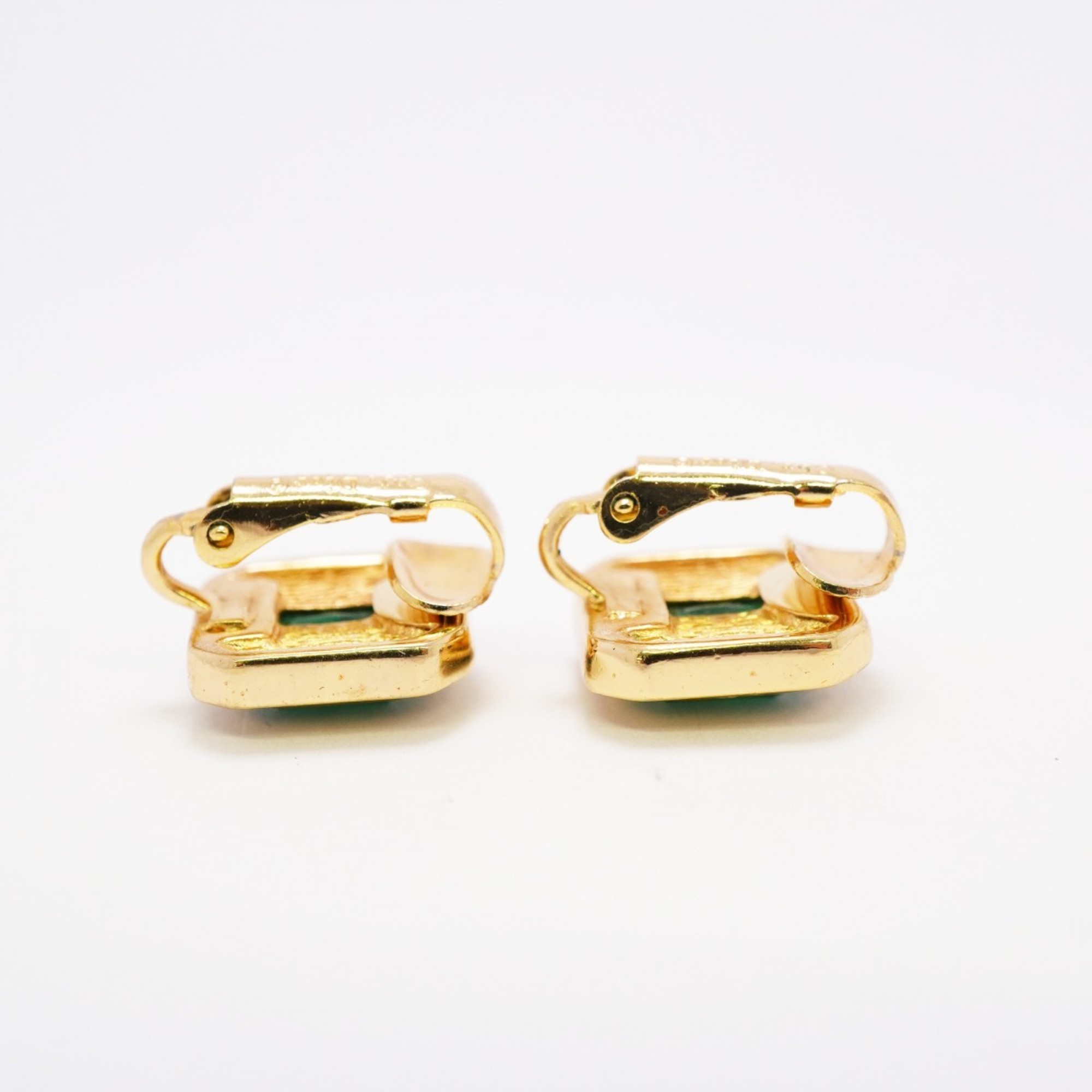 Christian Dior Earrings Square Rhinestone GP Plated Gold Green Women's