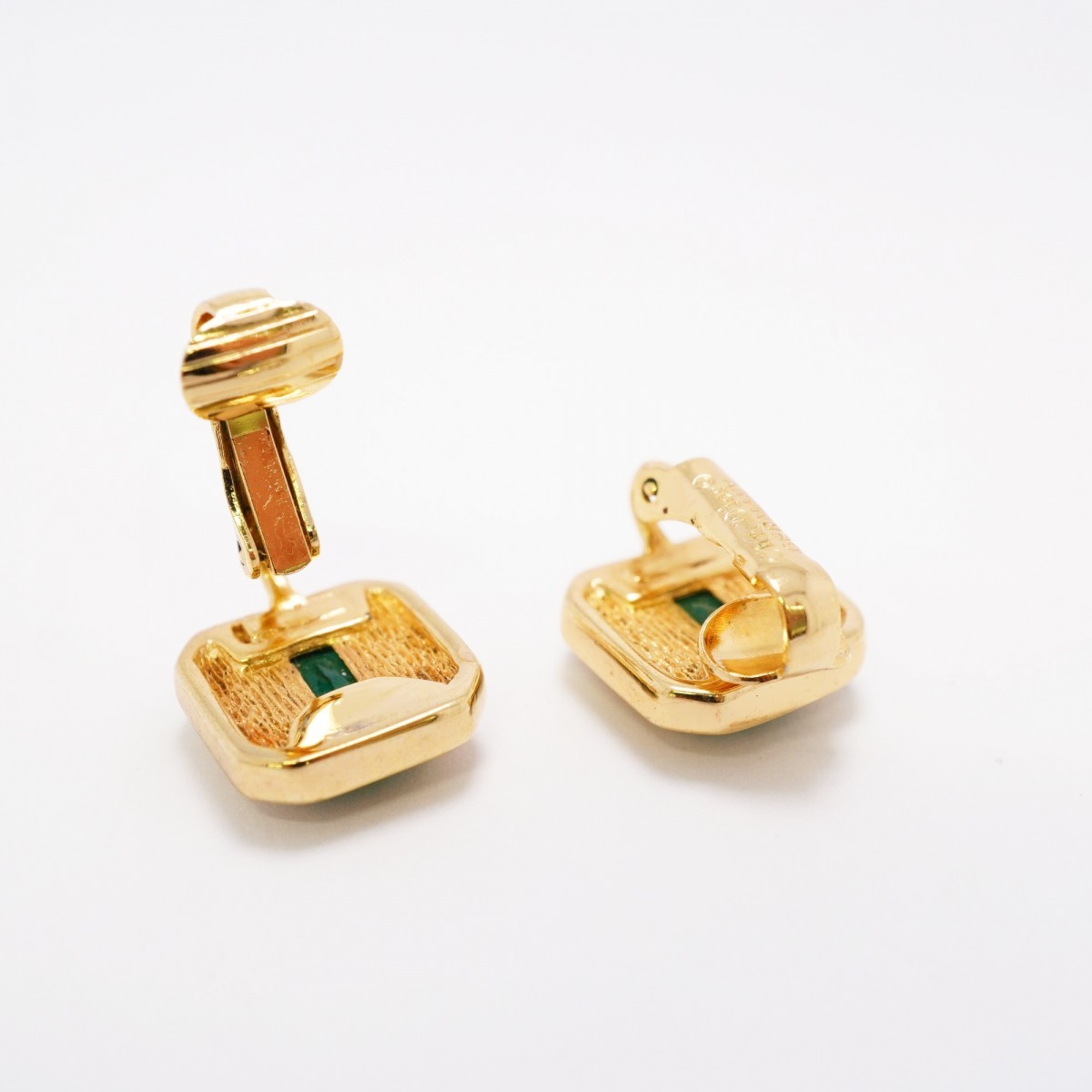 Christian Dior Earrings Square Rhinestone GP Plated Gold Green Women's