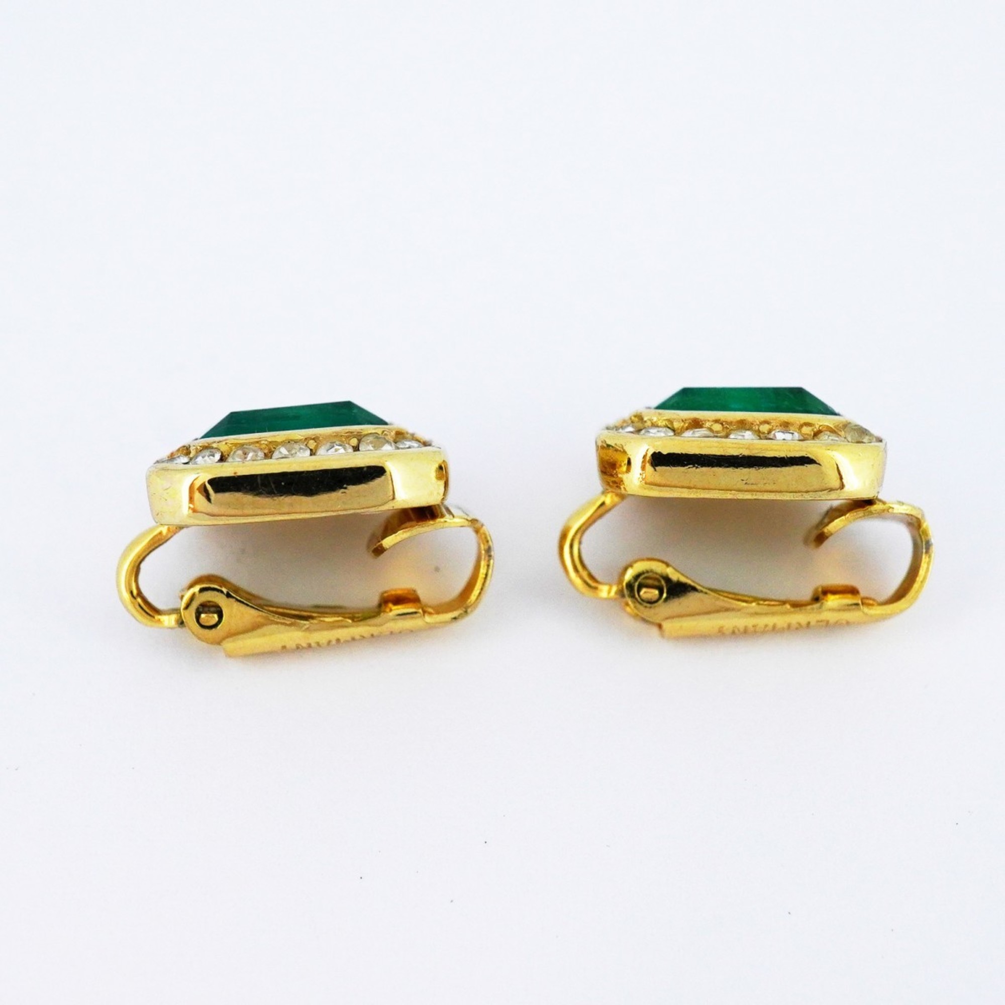 Christian Dior Earrings Square Rhinestone GP Plated Gold Green Women's