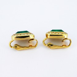 Christian Dior Earrings Square Rhinestone GP Plated Gold Green Women's