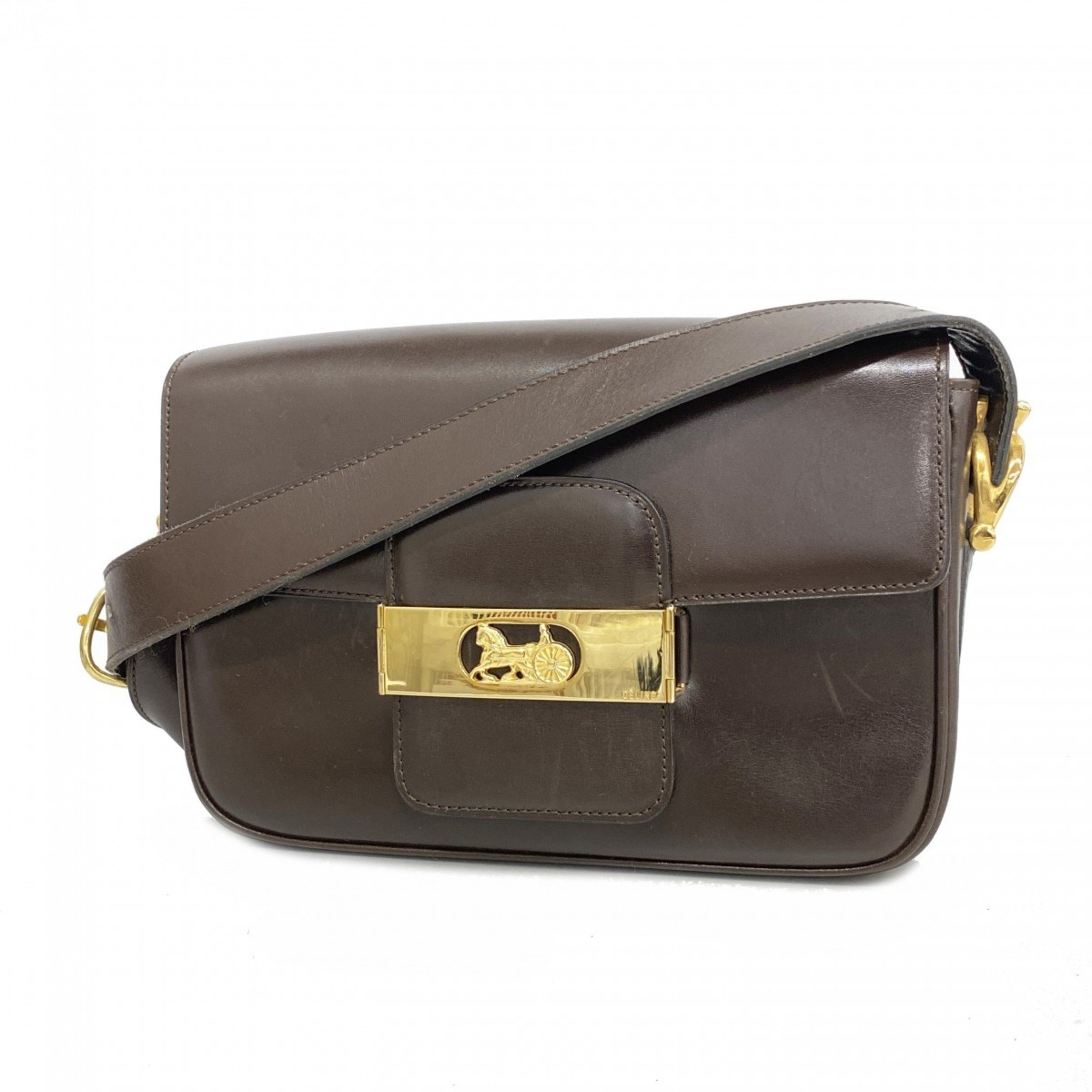 Celine shoulder bag, carriage hardware, leather, dark brown, women's