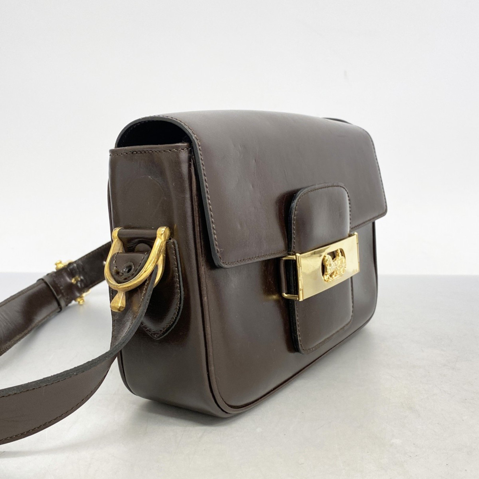 Celine shoulder bag, carriage hardware, leather, dark brown, women's