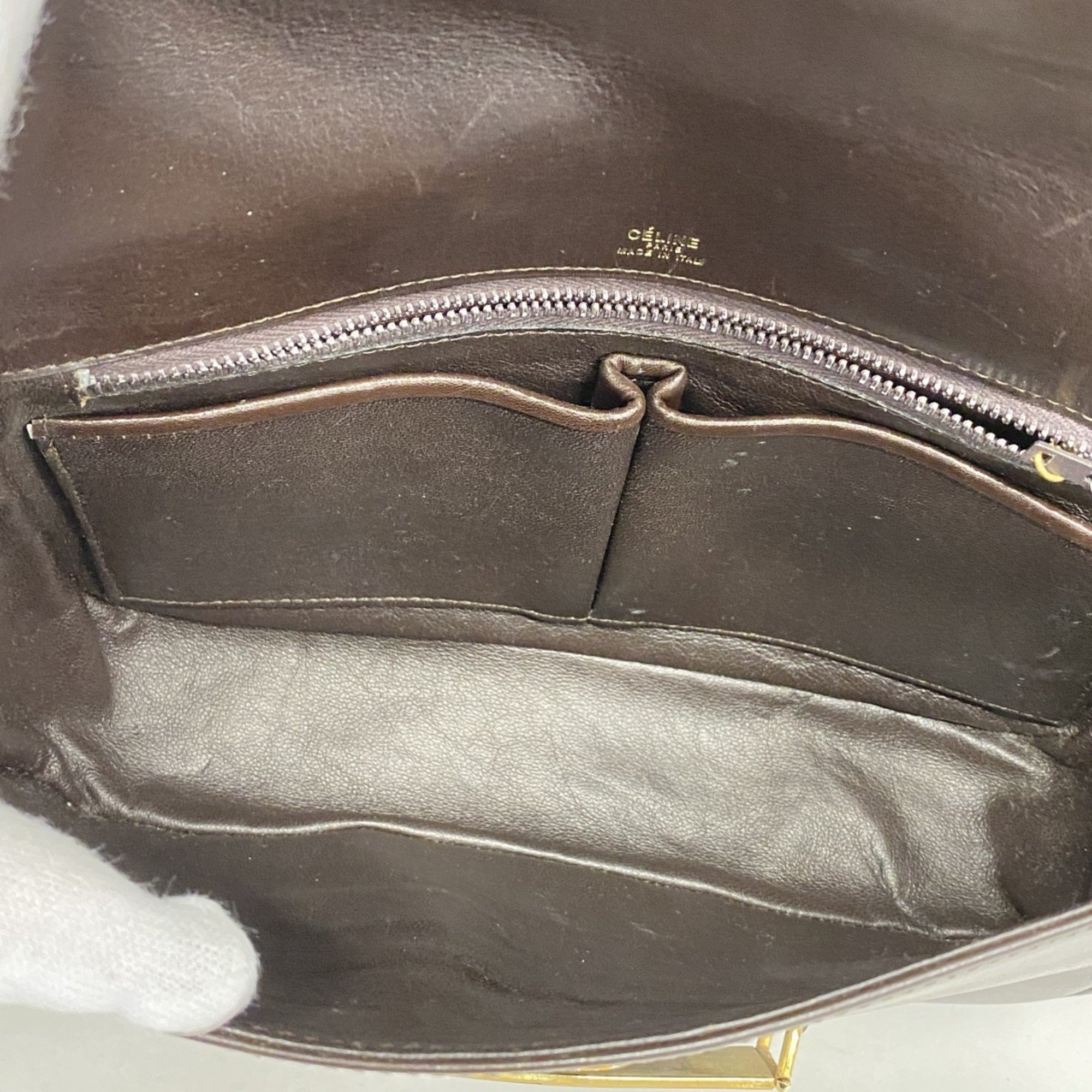 Celine shoulder bag, carriage hardware, leather, dark brown, women's