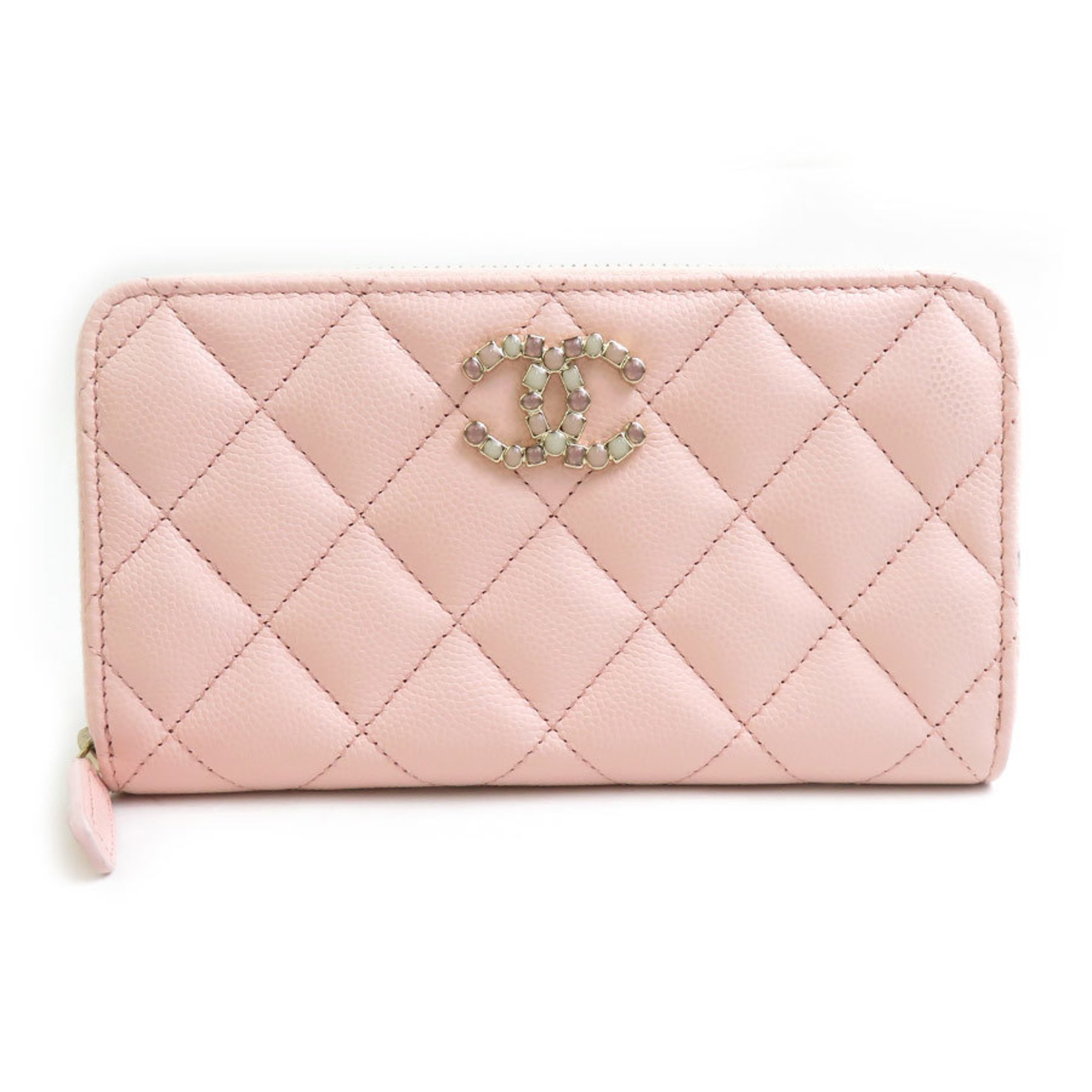 CHANEL Round Long Wallet Compact Caviar Skin Leather Pink Women's r10202j