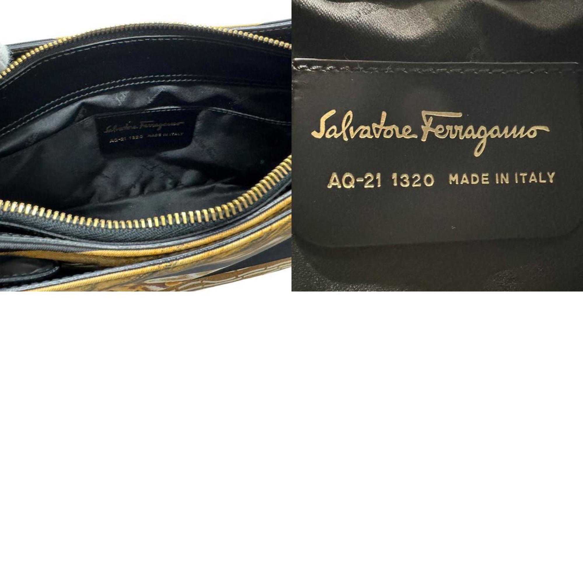 Salvatore Ferragamo Shoulder Bag Gancini Canvas Leather Brown Black Gold Women's n0608