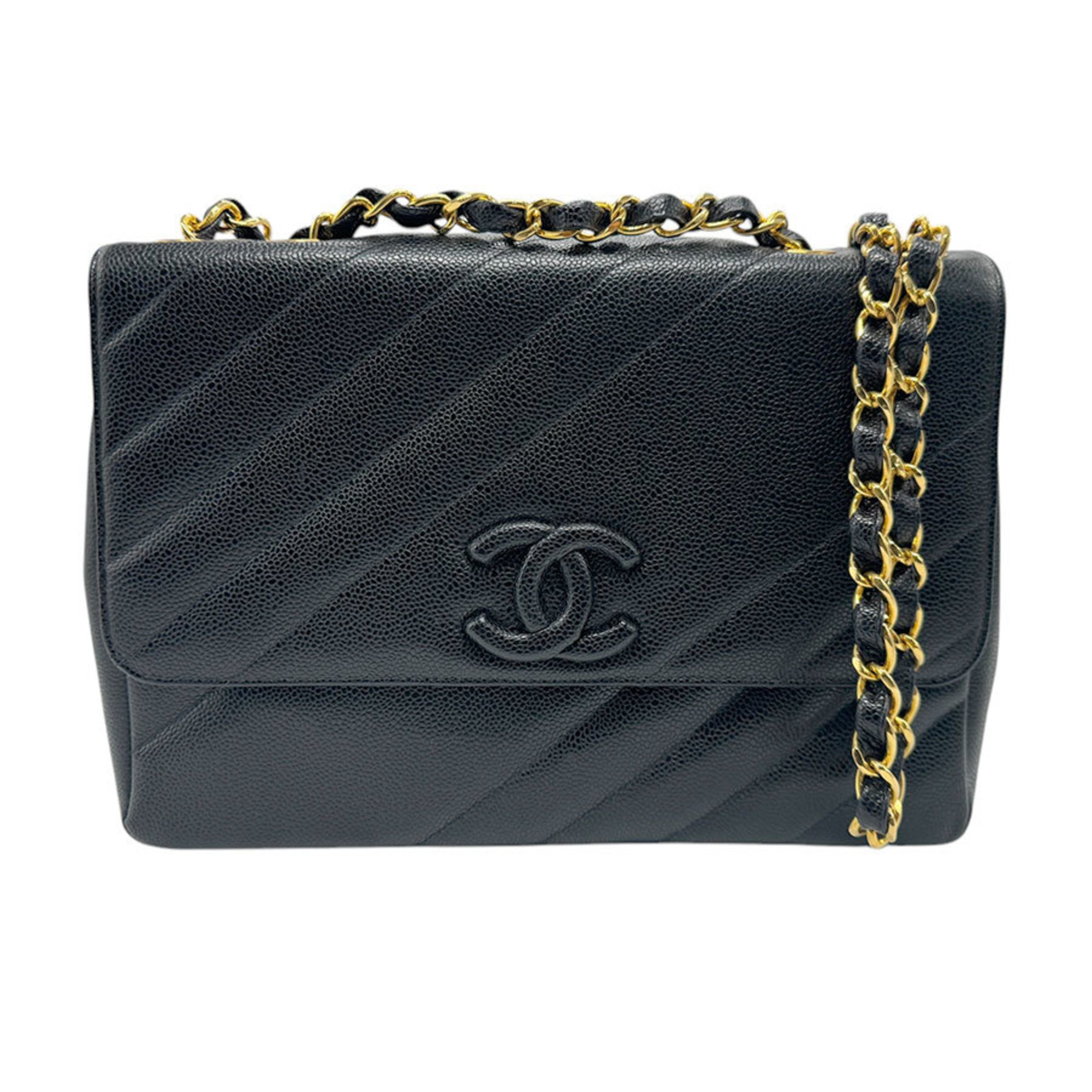 CHANEL Shoulder Bag Caviar Skin Leather Black Women's n0617