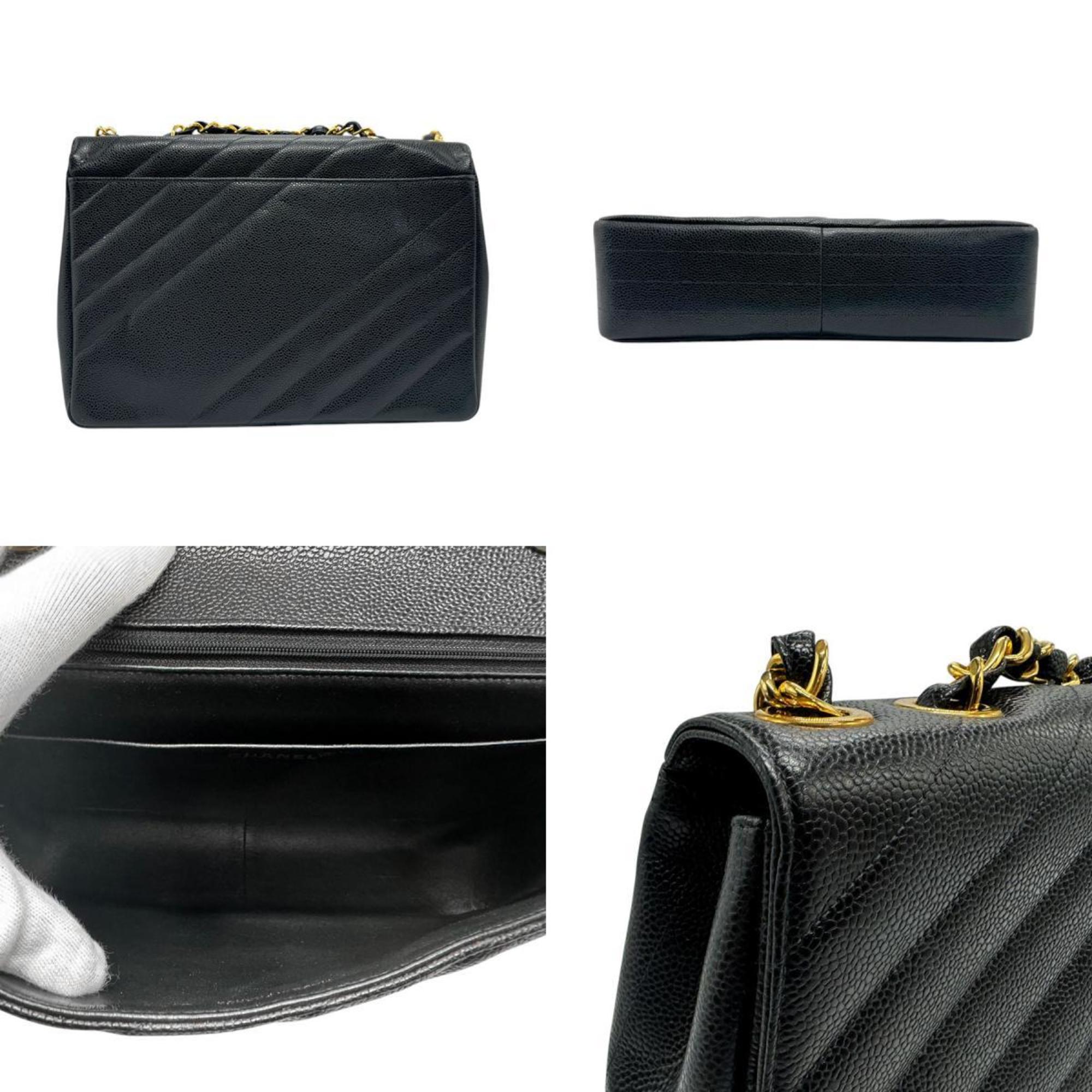 CHANEL Shoulder Bag Caviar Skin Leather Black Women's n0617