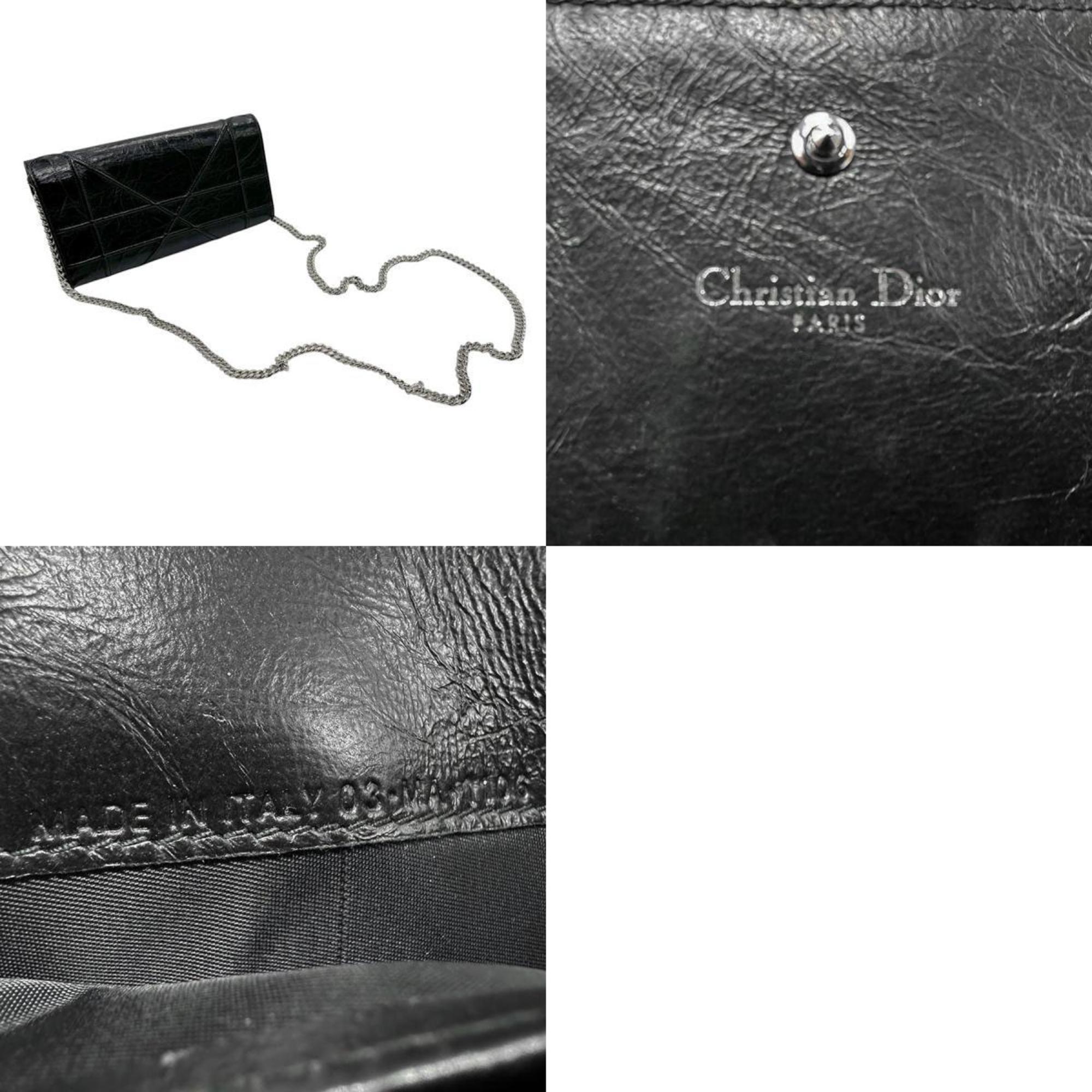 Christian Dior Chain Wallet Diorama Leather Black Women's n0657