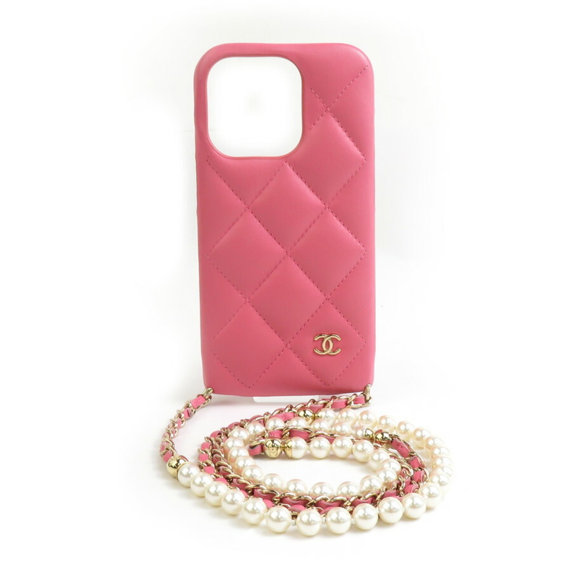 CHANEL Smartphone Case iPhone 14 Pro Leather Faux Pearl Pink Women's r10220k