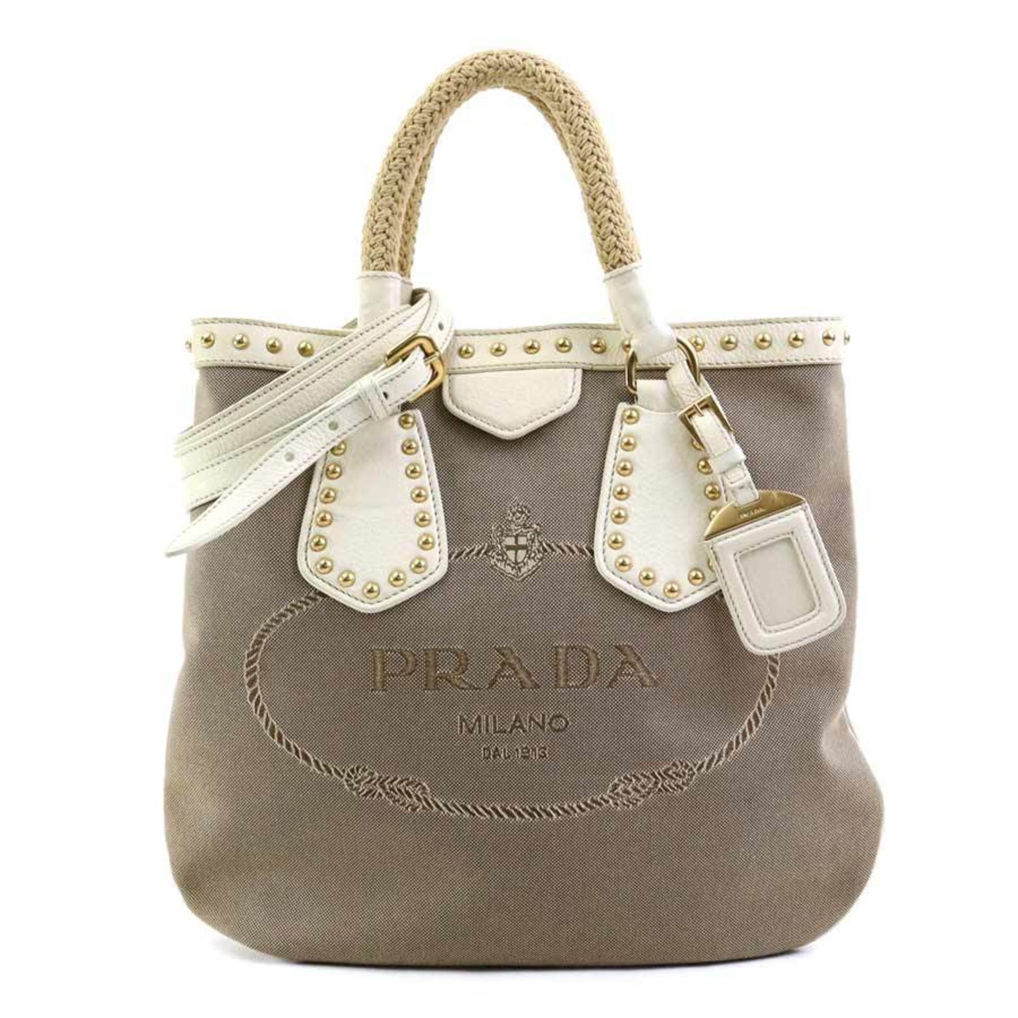 PRADA handbag shoulder bag canvas leather brown off-white gold ladies e59437k