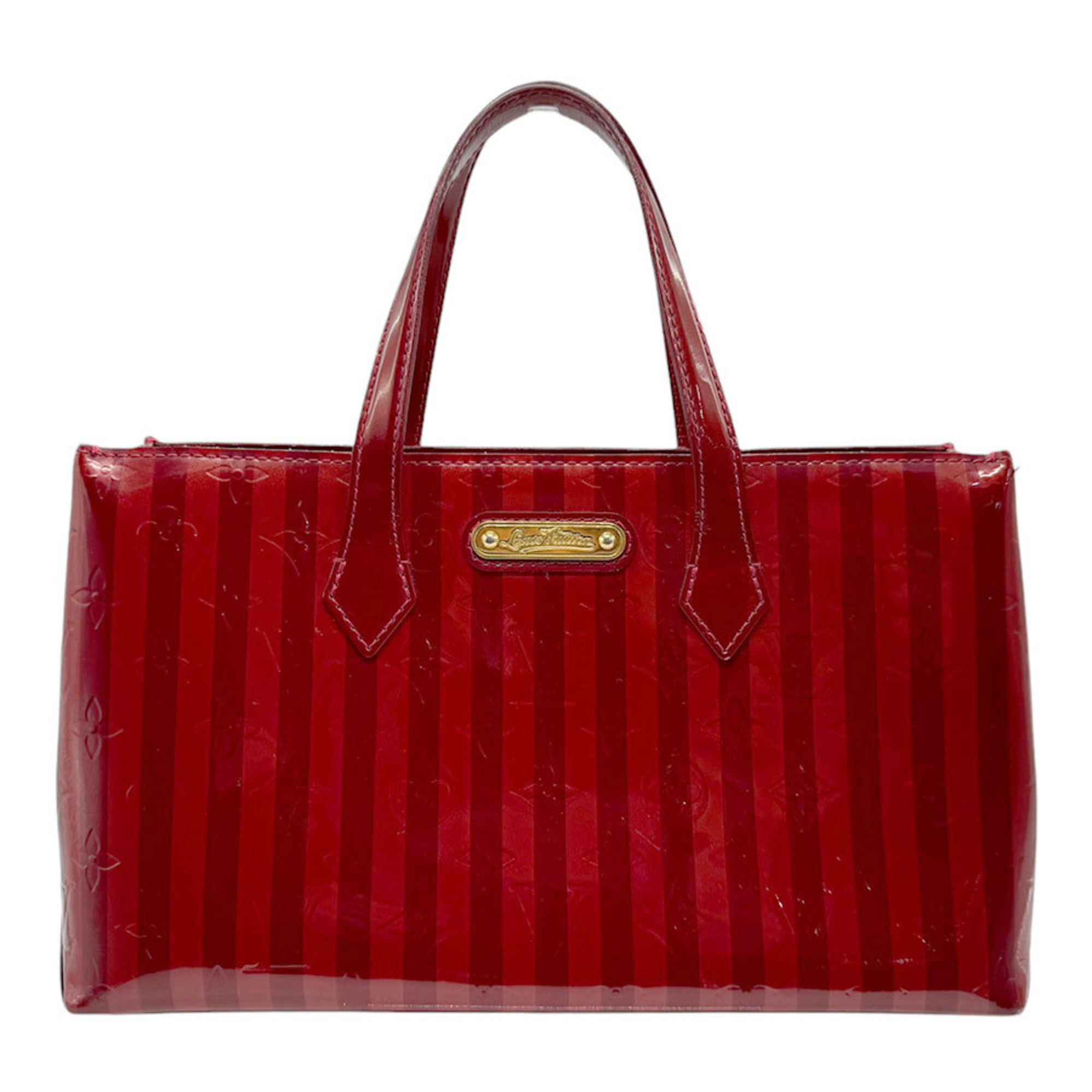 Louis Vuitton LOUIS VUITTON Handbag Monogram Vernis Rayure Wilshire PM Patent Leather Red Gold Women's M91702 n0609