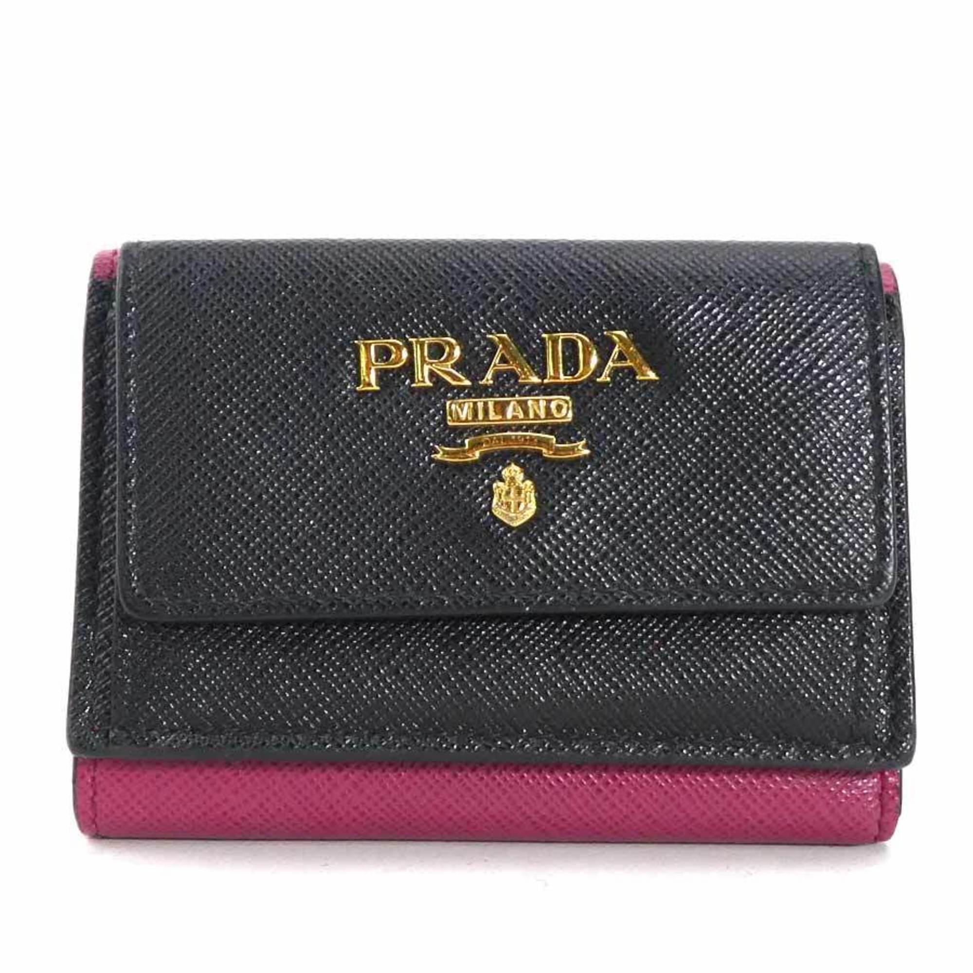 PRADA Tri-fold wallet Leather Black x Wine Red Women's r10219a