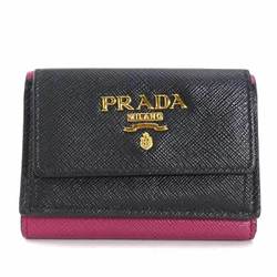 PRADA Tri-fold wallet Leather Black x Wine Red Women's r10219a