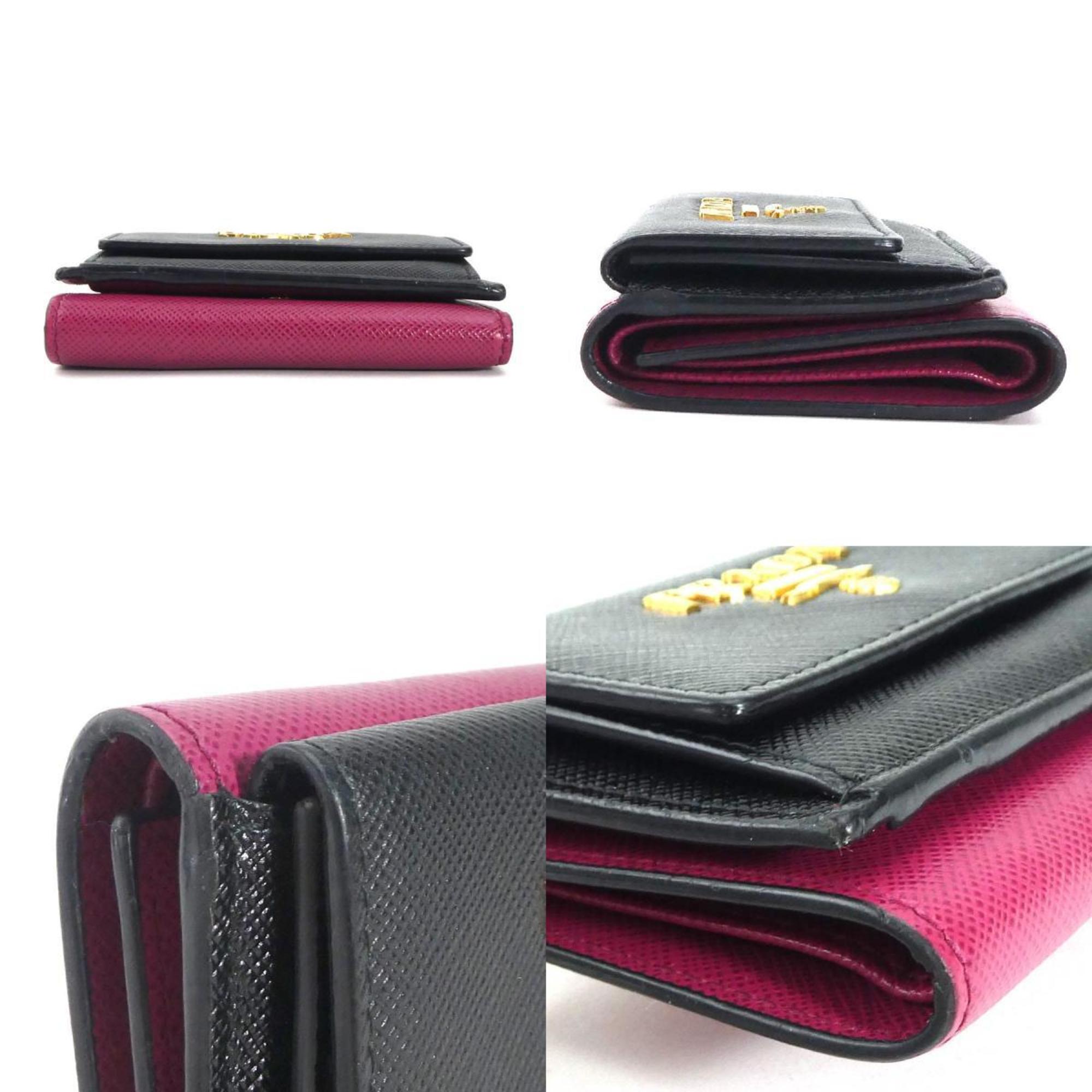 PRADA Tri-fold wallet Leather Black x Wine Red Women's r10219a