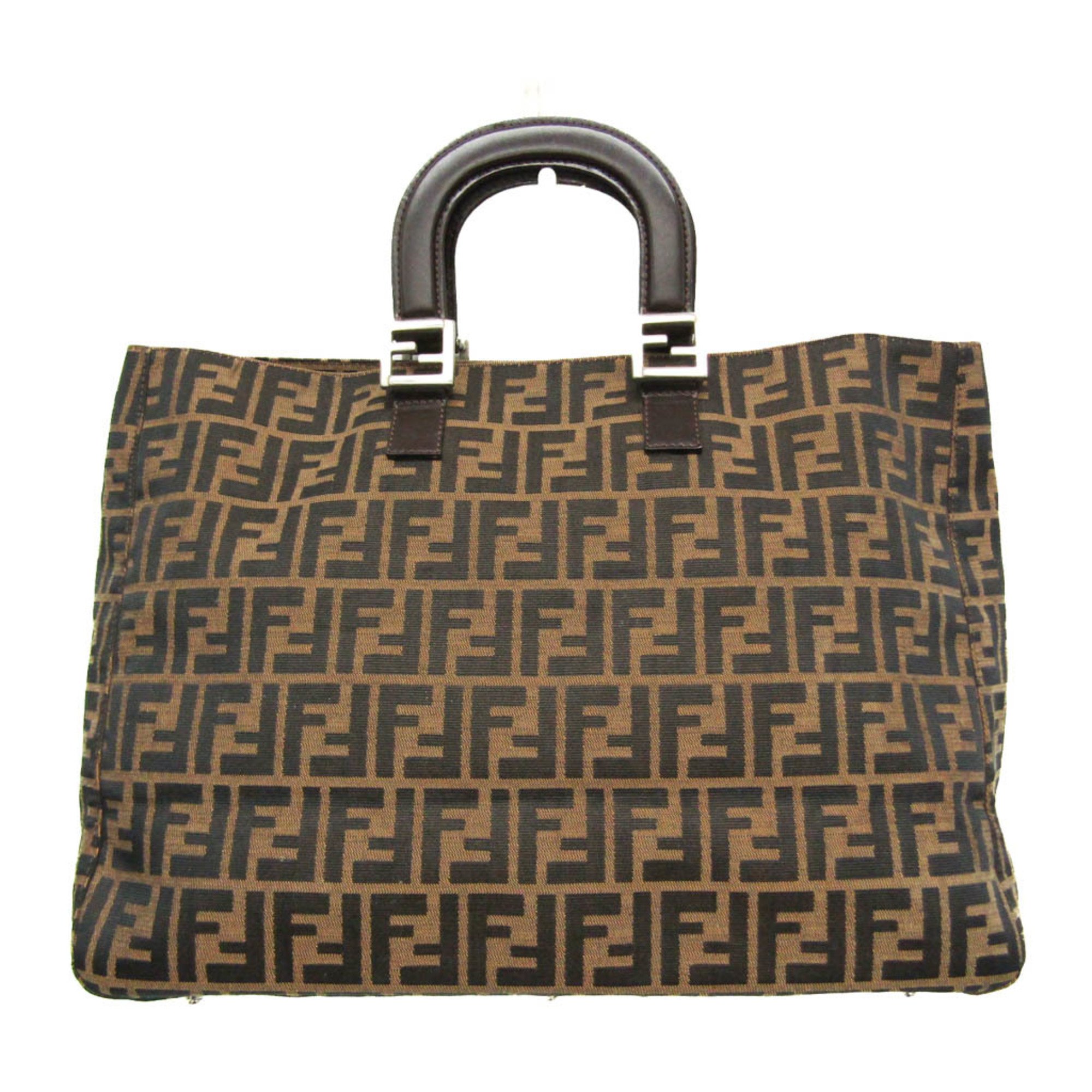 Fendi Zucca Men,Women Canvas,Leather Handbag,Tote Bag Brown