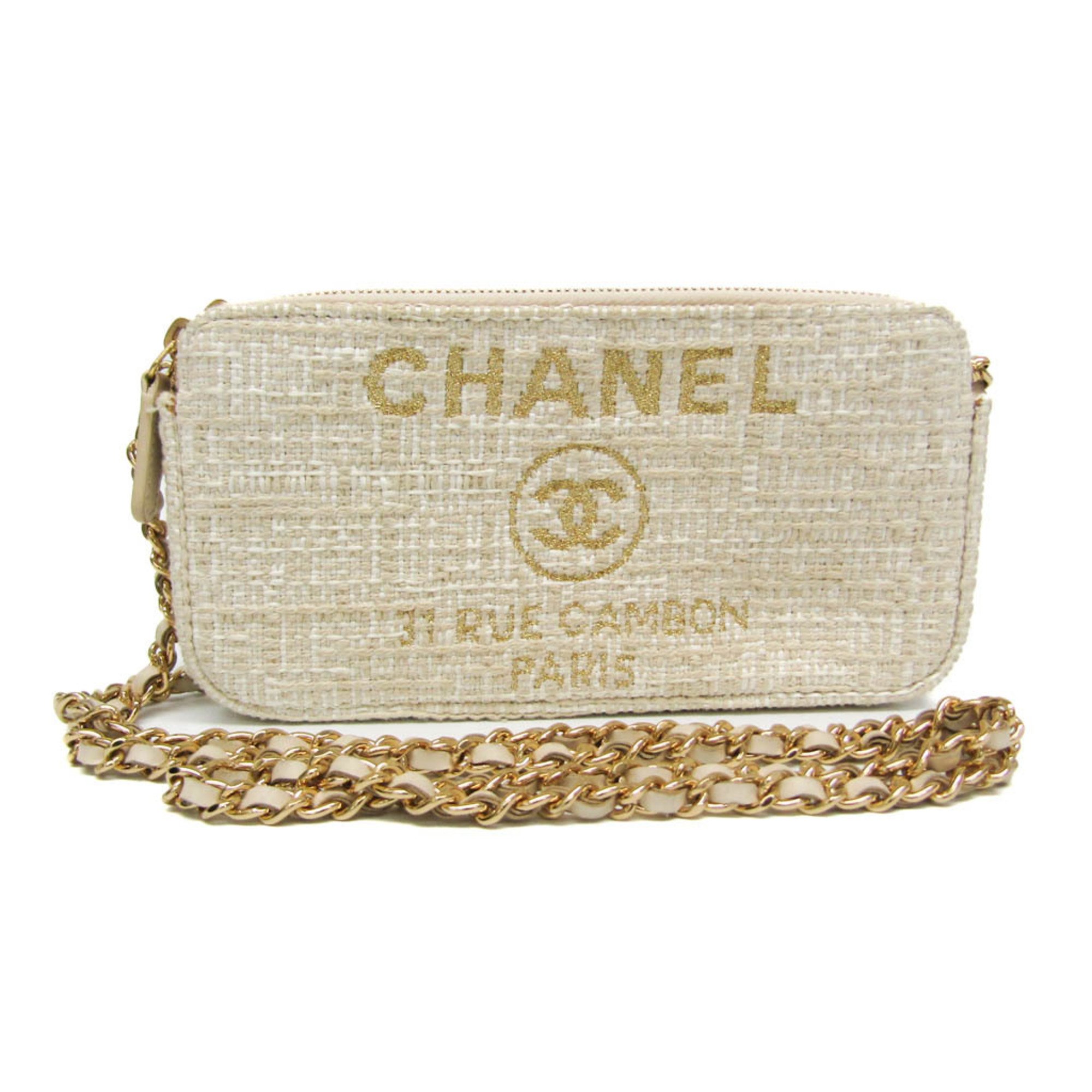 Chanel Women's Tweed Chain/Shoulder Wallet Light Beige,Off-white