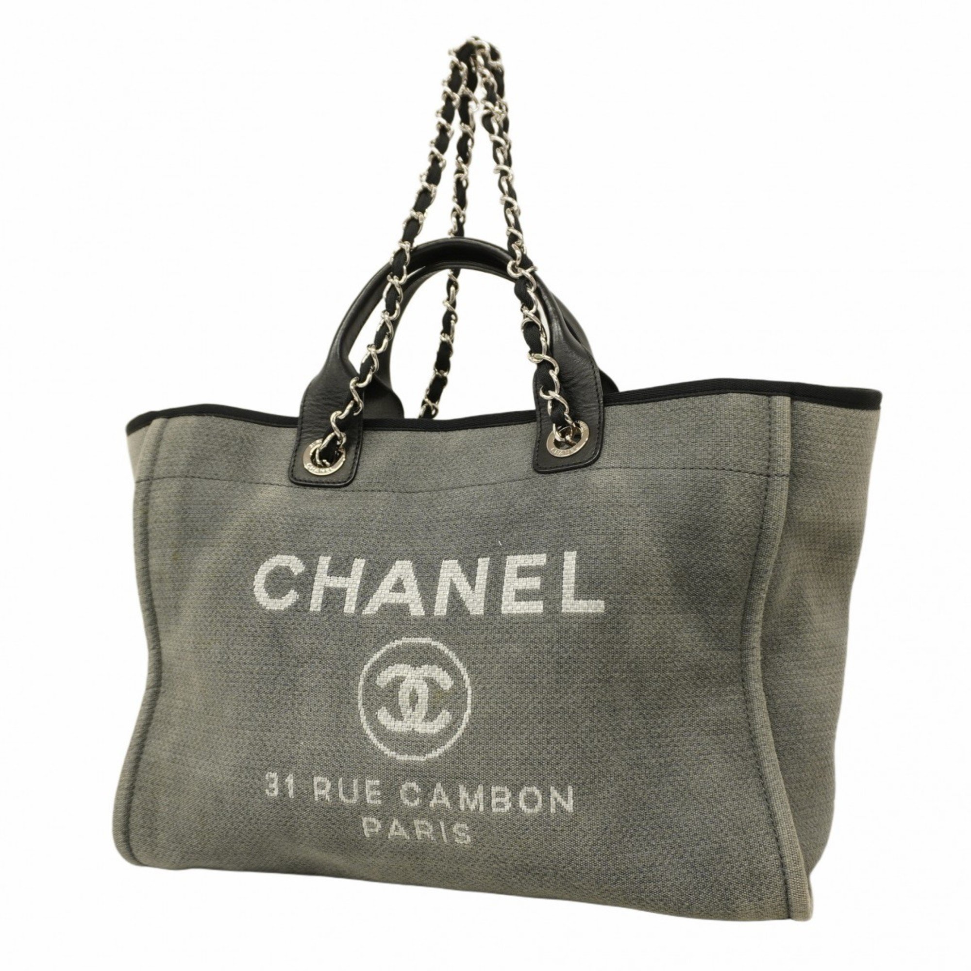 Chanel Tote Bag Deauville Canvas Grey Black Women's