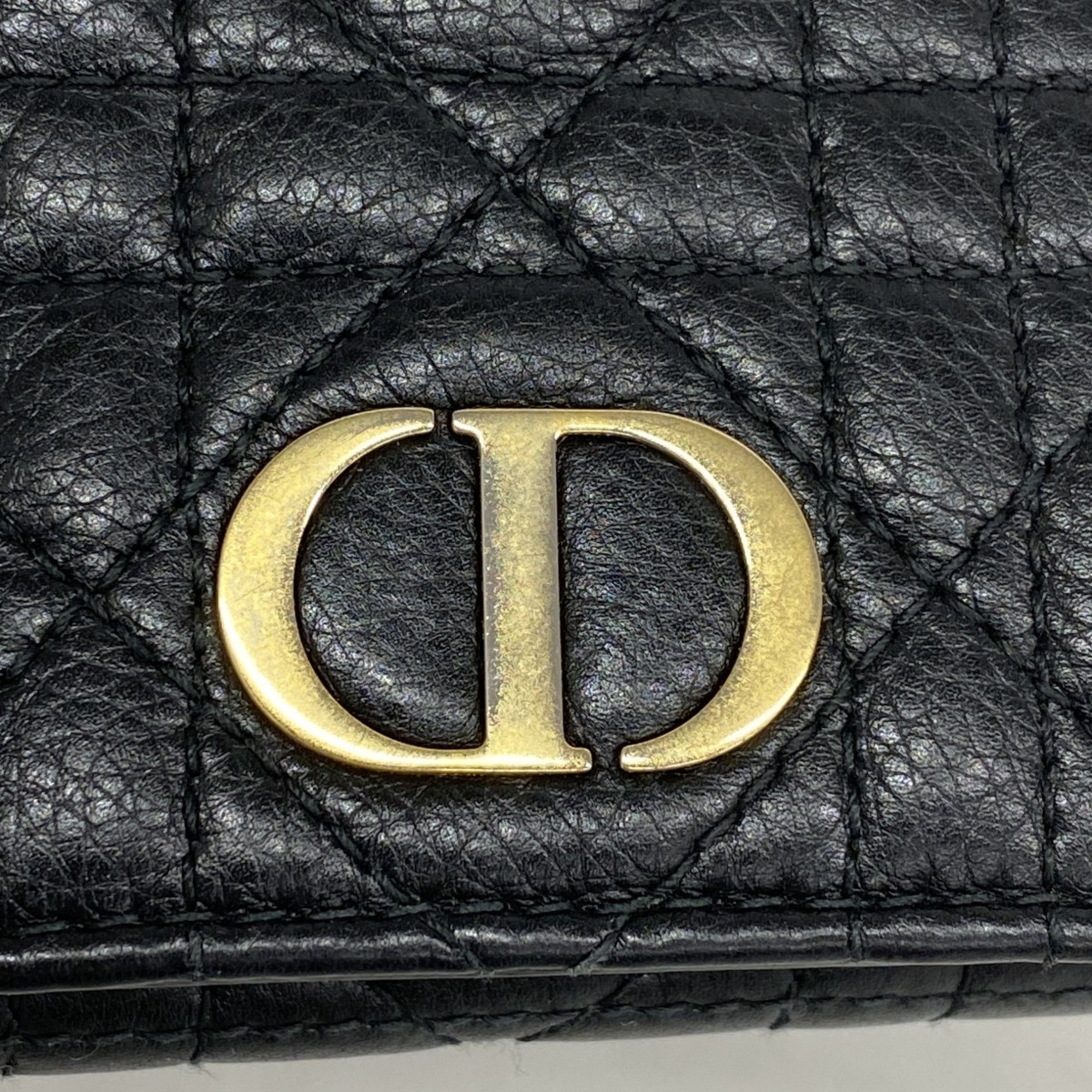 Christian Dior Tri-fold Wallet Cannage Leather Black Women's