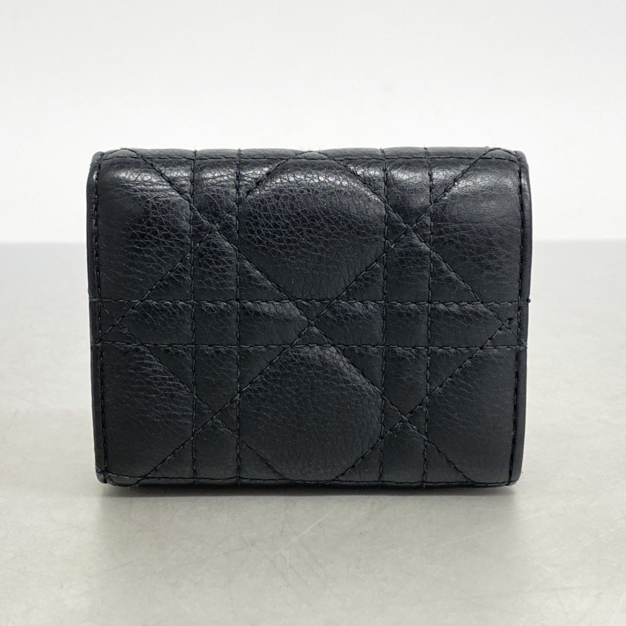 Christian Dior Tri-fold Wallet Cannage Leather Black Women's