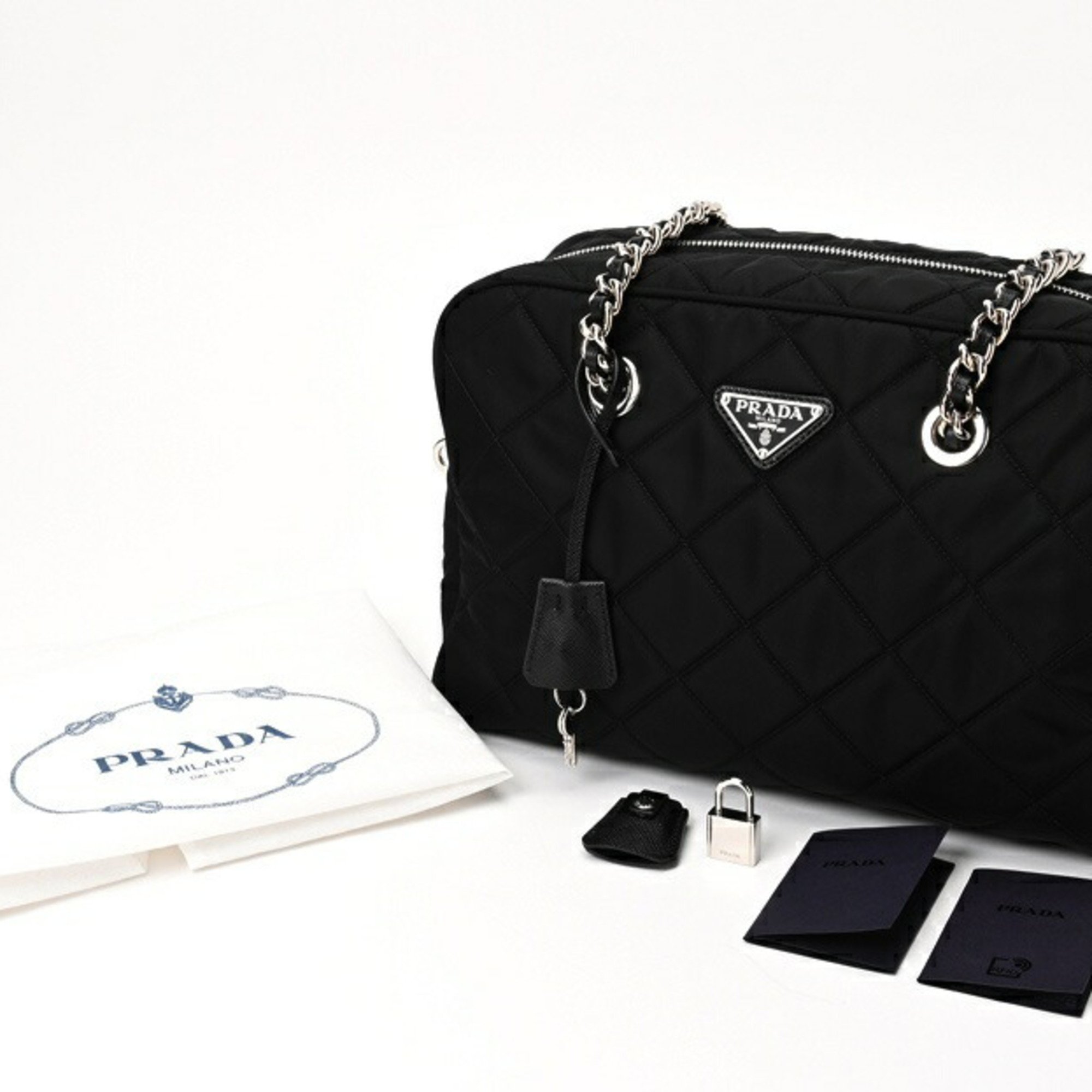 PRADA Quilted Chain Shoulder Boston Bag 1BB903 Nylon Nero (Black) S-156784