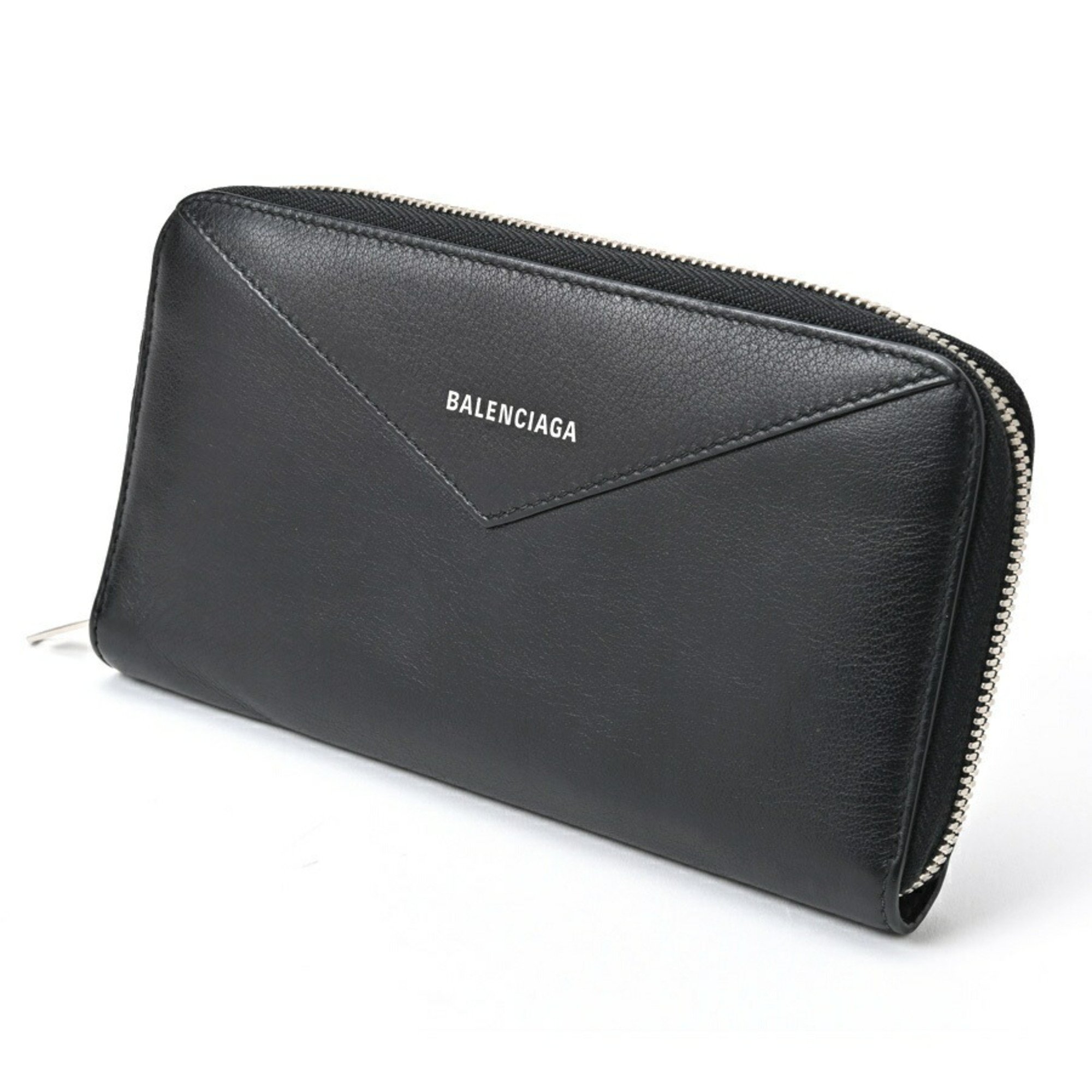 BALENCIAGA Paper Continental Round Wallet Zip 504547 Leather Black E-156653