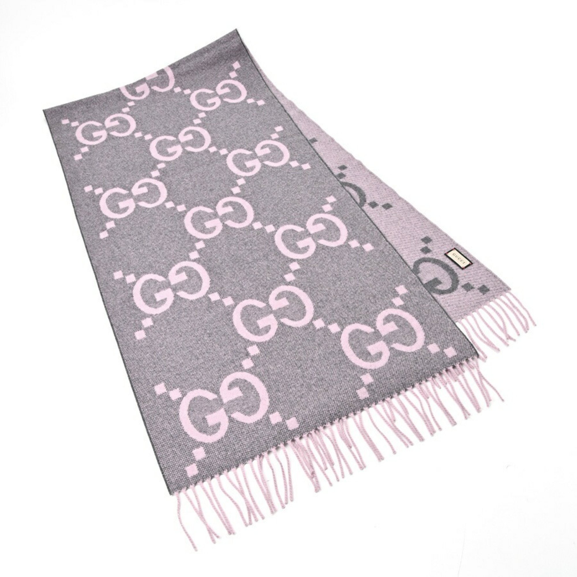 GUCCI GG Jacquard Cashmere Scarf 674275 3G344 1272 100% Gray Pink B-155759