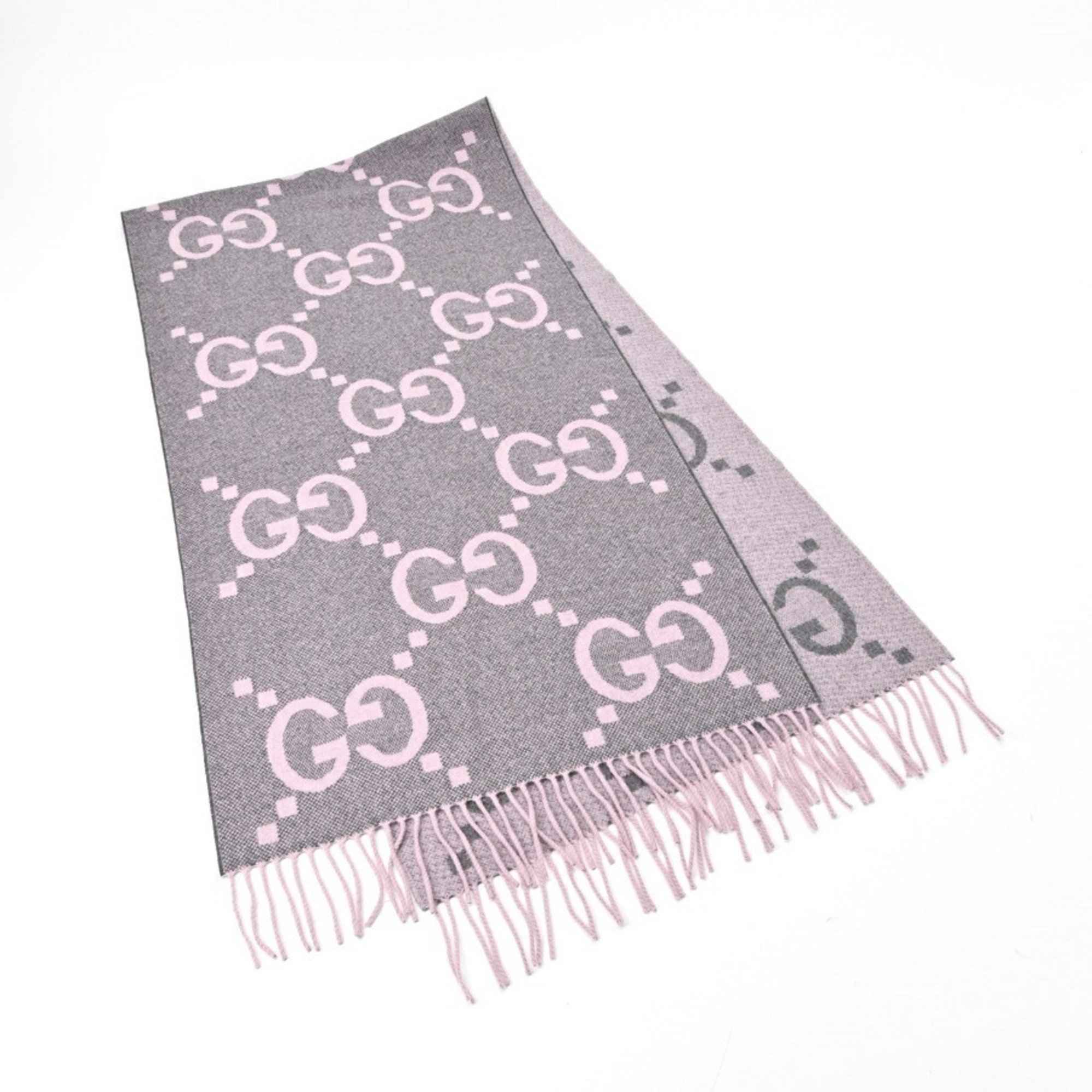 GUCCI GG Jacquard Cashmere Scarf 674275 3G344 1272 100% Gray Pink B-155759