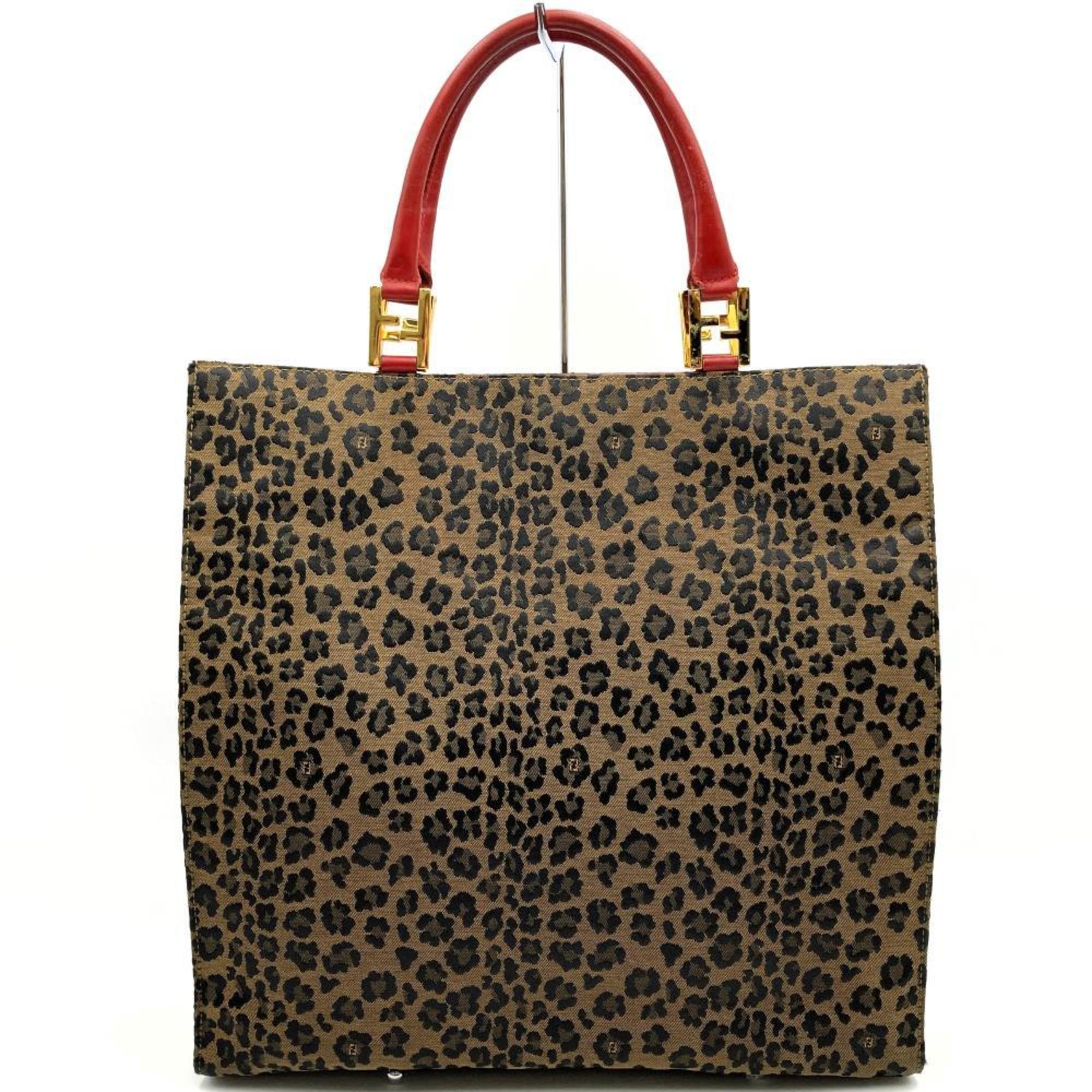 FENDI Tote Bag Leopard Print Animal Canvas Leather Brown Red Women's