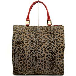 FENDI Tote Bag Leopard Print Animal Canvas Leather Brown Red Women's