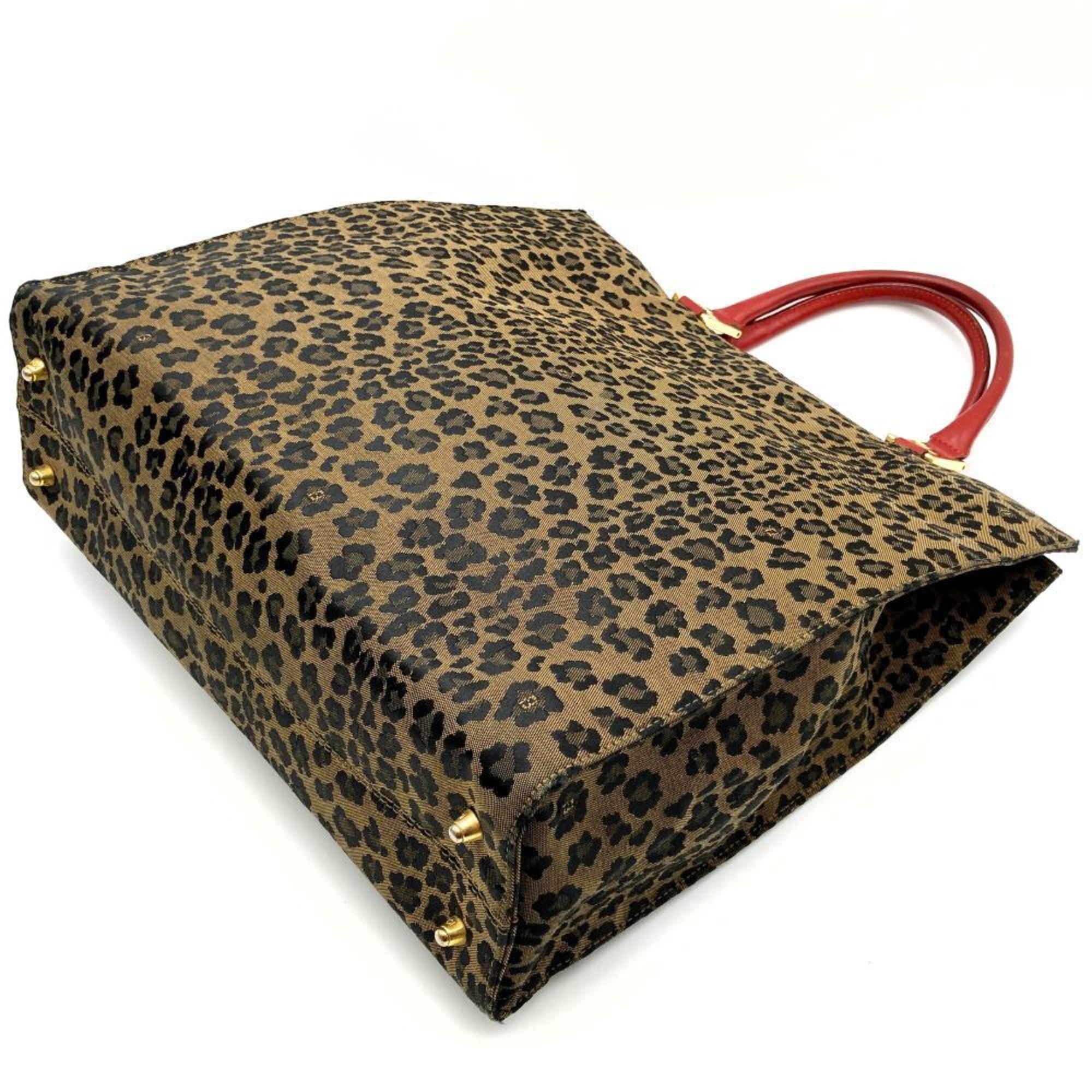 FENDI Tote Bag Leopard Print Animal Canvas Leather Brown Red Women's