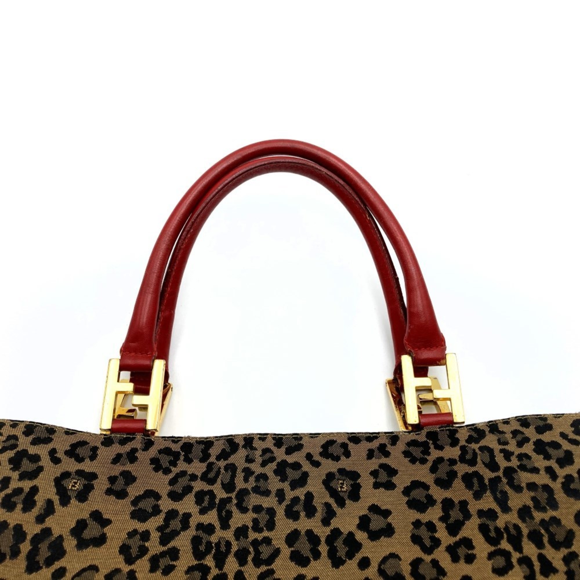 FENDI Tote Bag Leopard Print Animal Canvas Leather Brown Red Women's