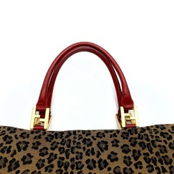 FENDI Tote Bag Leopard Print Animal Canvas Leather Brown Red Women's