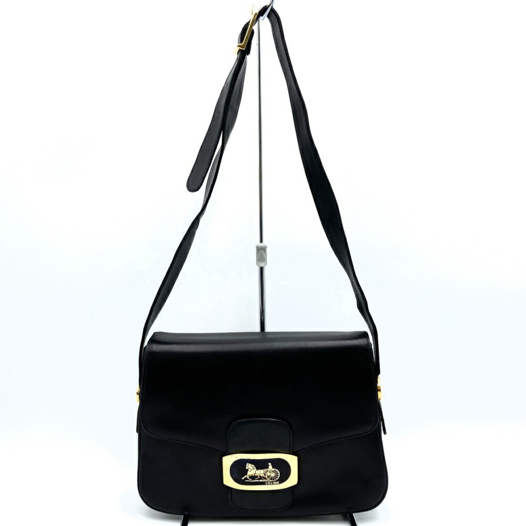 CELINE Shoulder Bag, Black Leather, Carriage Hardware